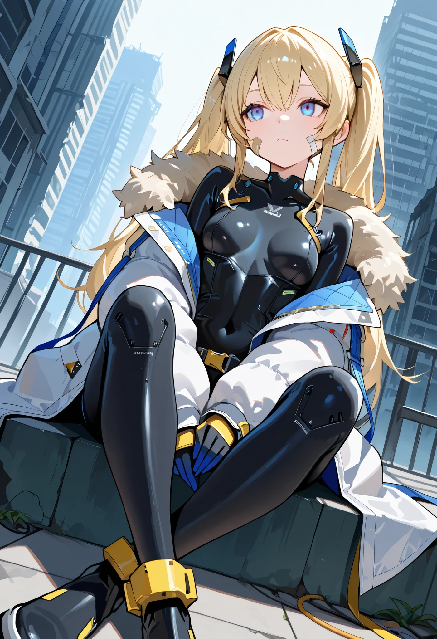 masterpiece,perfect anatomy,high resolution, ultra-detailed,beautiful detailed eyes,dutch angle,absurdres,1girl,solo,laplace, blonde hair, twintails, long hair, hair ornament, blue eyes, bandaid on face, small breasts, white coat, fur trim,black bodysuit, small breasts, white coat, fur trim, belt, gloves,standing, looking at viewer,close mouth,sitting,(crossed ankles:1.3),looking away,abandoned,skyscraper,rooftop,