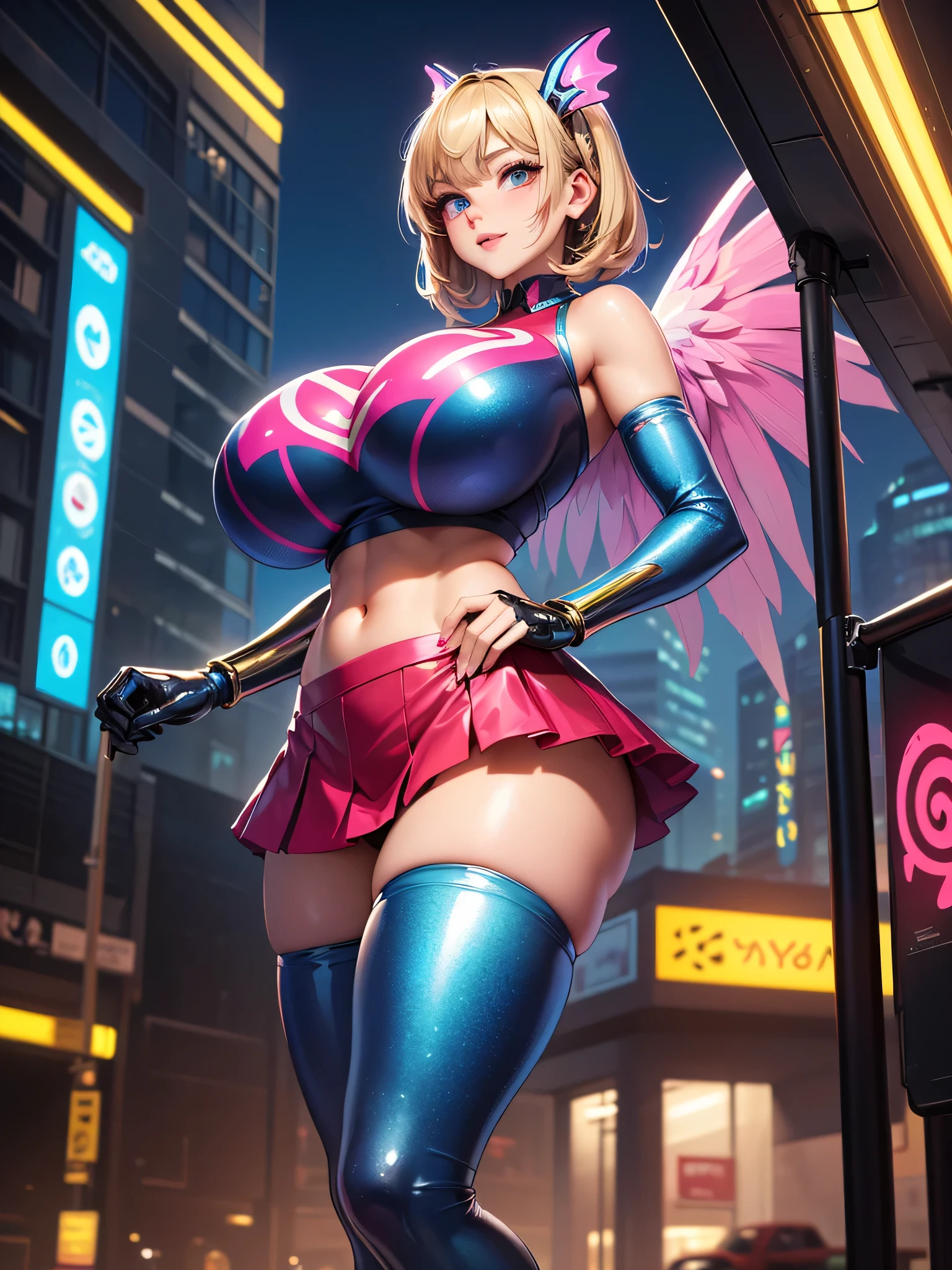 (((masterpiece))), (((best quality))), ((ultra-detailed)), (illustration), ((an extremely delicate and beautiful)), ((super detail)), ((high resolution)), (((20 years old))), metallic cloth, (insect lady), (android), ((mechanical wings)), delicate metal decorations, gleaming skin, shiny body, two legs, breast focus, (((tall))), slender legs, ((big round eyes)), cute eyes, drooping eyes, ((adult)), two hands, five fingers, no extra hands, elegant smile, braid, medium length hair, ((metallic blue)), (see-through), (dark blonde), (ultra-huge breasts), (shining brightly), outdoor, mini skirt, city, daytime, ((biopunk)),