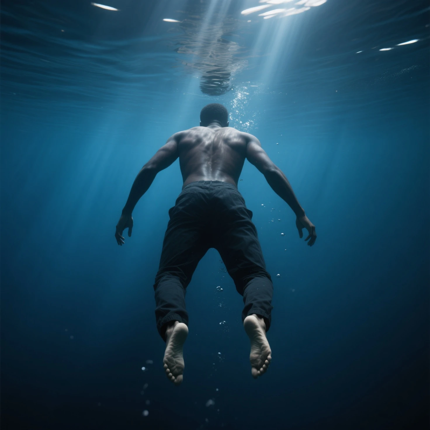 male model of a rock star man dressed in black lying on the bottom of the sea, the view is from above so that you can see his face and body from above, his face is serene despite how and where he is. dramatic dramatic lighting, dark and moody colors, intense dramatic expression, masterpiece, highly detailed, photorealistic, 8k, cinematic, chiaroscuro lighting, dramatic shadows, dynamic composition