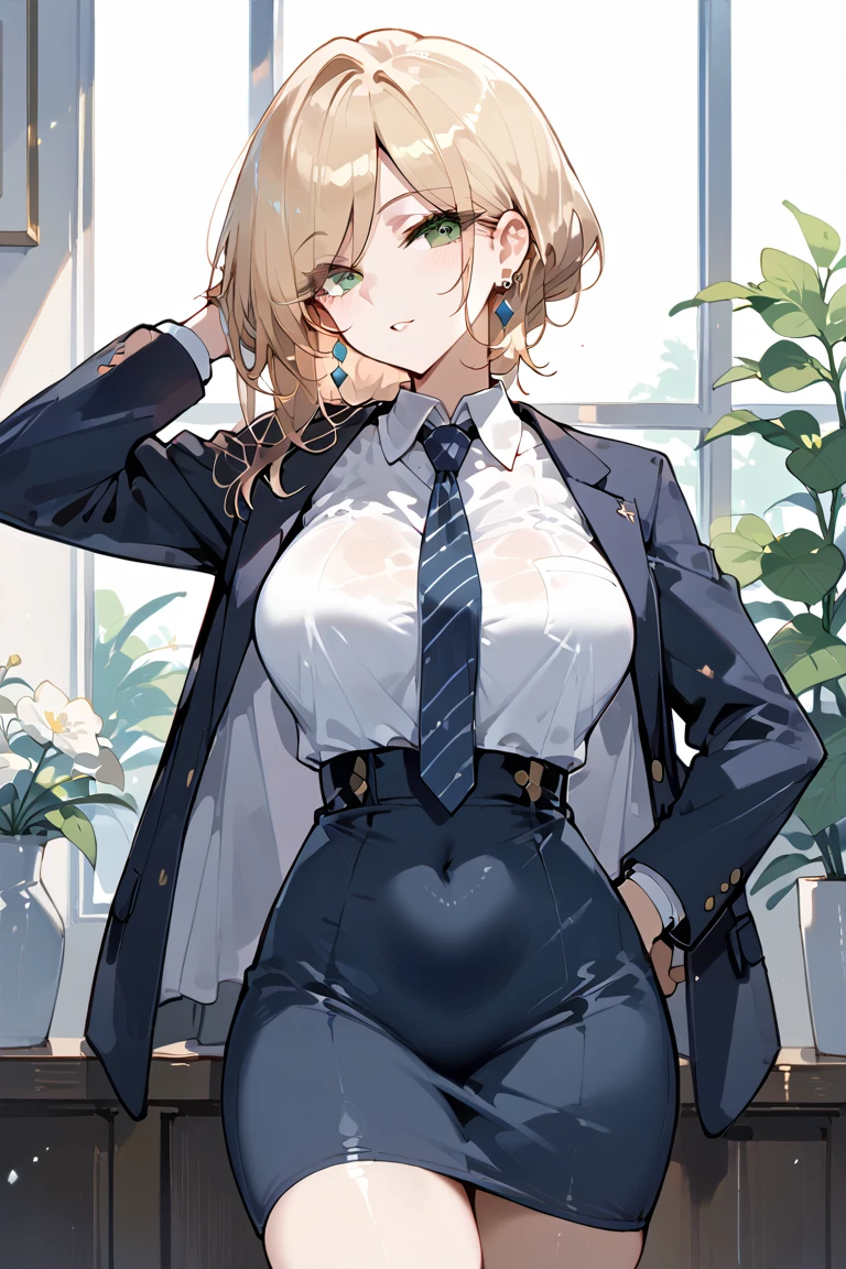 masterpiece, best quality, 1girl, solo, mature female, milf, motherly, large breasts, narrow waist, wide hips, curvy, spiky hair, short hair, brown hair, hazel eyes, beard, black jacket, collared shirt, cleavage, necktie, black tie, black pants, office