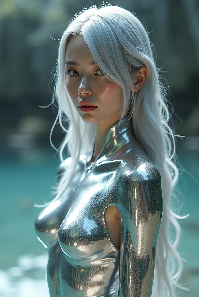 a female humanoid, 15y old, silver long hair, ((topless)), perfect body, (perfect shell breasts), in front of a photographer, ((fully nude)) and ((topless)), fit body, strong muscles, fine waist, slim hips, eight-abs, slender tights,
((fully in frame)), (front view), ((full body)), ((fully nude)), Matte white ceramic outer layer.
the body surface are all coverred by a layer of sweat drops and massage oil, reflecting lights.
long lush flowing light silver hair, half Chinese model and half yangmi like face. full lips, delicate nose, wise eyes, facial expression is enigmatic, alluring and confident and enjoying. dynamic pose, face and full body octane render,
(ultra photorealistic), (realistic skin textures), (realistic faces), (wide angle), dramatic lighting, cinematic, detailed textures, bokeh, photojournalist shoot natural lighting, 4k uhd, dslr, soft lighting, high quality, Fujifilm XT3, unreal engine, contemporary art, shallow depth of field, vignette,
