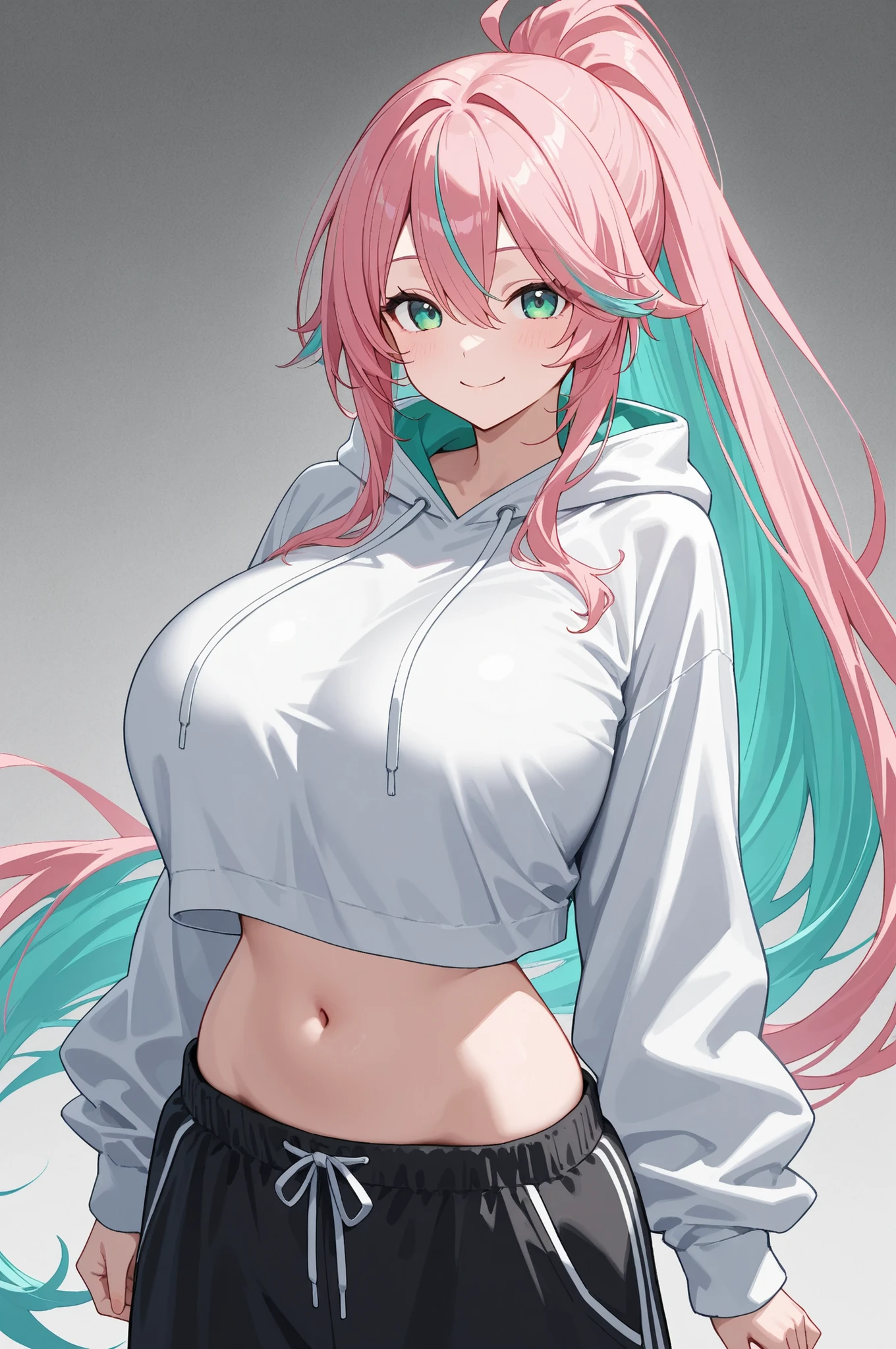 pink hair, blue hair, multicolored hair, long hair,mint green eyes,hair between eyes,ponytail,1girl,solo,virtual_youtuber,looking_at_viewer,very_long_hair,tall_189cm,glitch_background,arms_at_sides,cowboy_shot,huge_breasts,smile,navel,cropped_hoodie,white_hoodie,navel, form-fitting outfit, baggy sweatpants,black_sweatpants,Manga_style,Highres,pov