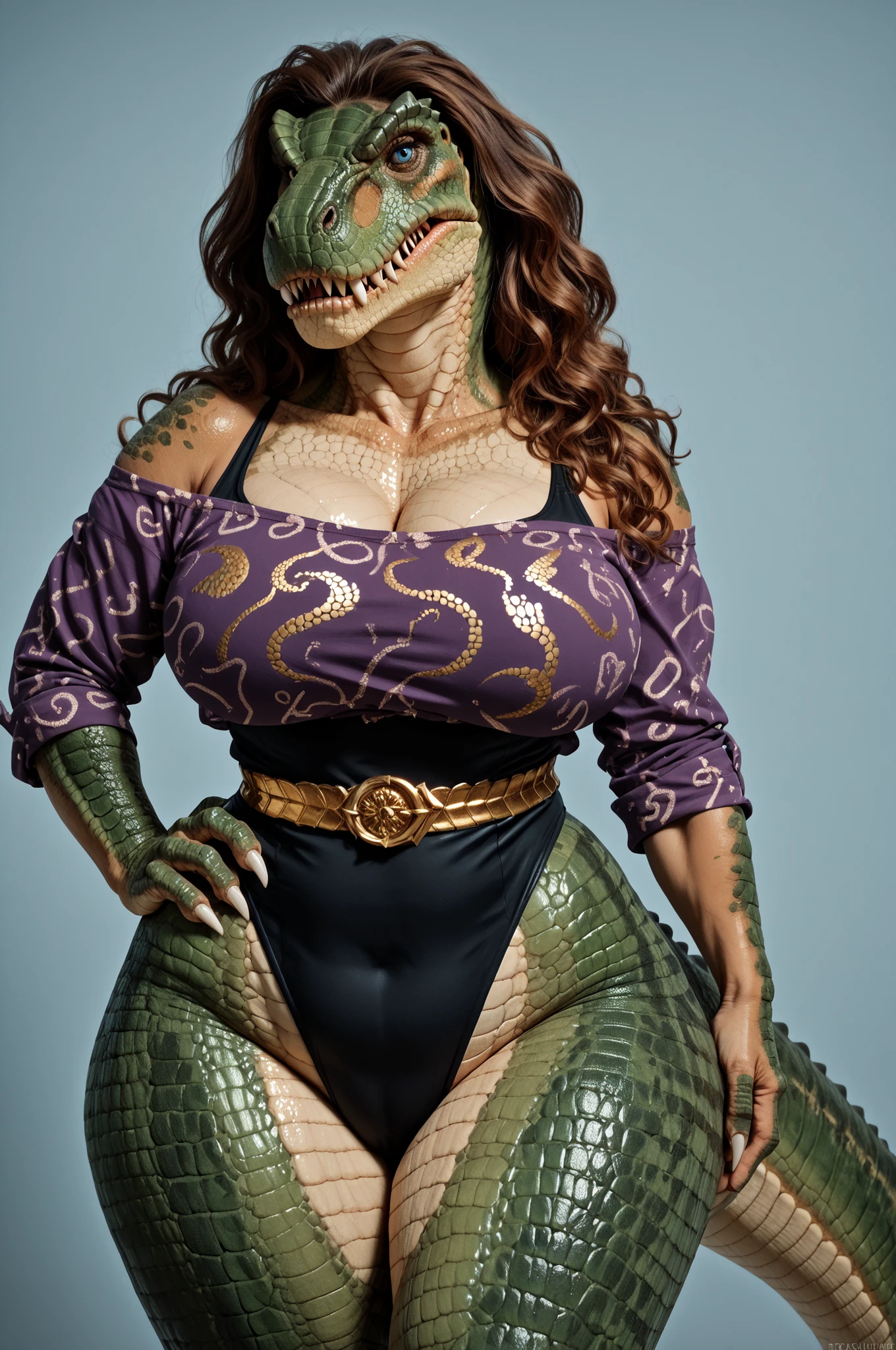 (full body image, photo, PHOTOGRAPH, realistic, high quality, 8k), solo, BREAK, 40 year old, (anthro Tyrannosaurus:1.7), woman, ((Dark Green Scales:1.7), realistic scales, (scales over body:1.8)), (Long Elegant Red Hair:1.8) (large breasts:1.65), (voluptuous:1.3), (muscular:1.8), toned, (broad hips:1.3), curvy, (hourglass body:1.6), powerful legs, tall, fierce expression, powerful pose, (blue eyes:1.2), open mouth, (sharp teeth:1.6), ((wearing High-Leg Leotard:1.5), (Violet Patterned Leotard:1.5), (Push up Cleavage, tight)), ((3 Fingered Dinosaur Claws:1.5), (black claws:1.7) (matching hands)), (Dinosaur tail:1.2),
