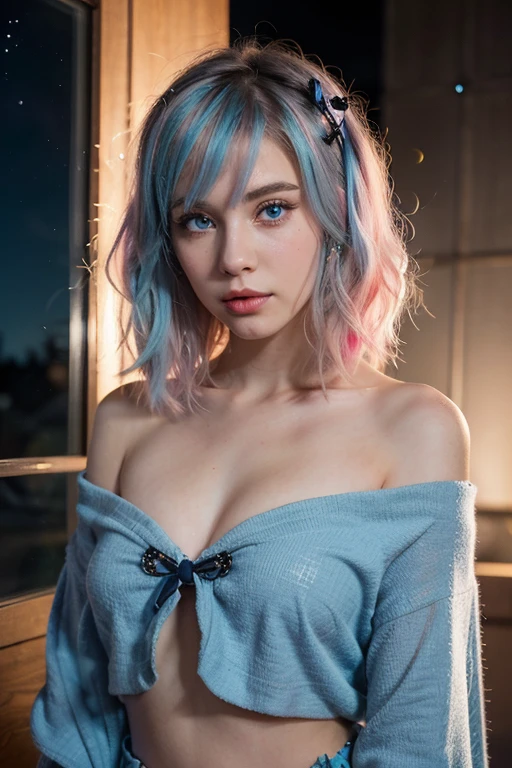 (Masterpiece), (((Highest quality)), (Super detailed), 1 girl, (rainbow colour hair, Colorful hair, Half blue and half pink hair: 1.2), 17 years old, (bathrobe: 1.2), En plein air, bangs, Smile, Sky blue eyes, Perfect hands, Perfect hands, Hand details, Corrected fingers. Earrings, nightclub + Background, Looking_at_peeping at the viewer, Cowboy shot, Top quality, rich details, Perfect image quality,