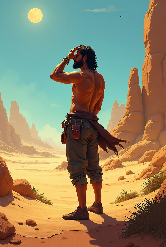 There is on adult character on this picture. The character is a slender anthropomorphic male brown horse, brown fur, slender character, slender, barefoot, digitigrade, hooves, horse tail. The character is dressed as a native american. Native american clothes. The character is wearing a loincloth. Male bare chest, bare chested male, topless male, black nipples, black areolas, visible black balls behind the loincloth, black balls, visible black testicles behind the loincloth, black testicles, visible black penis behind the loincloth, black penis, ass, butt, nsfw. The scene takes place on monument valley. Western movie environment on the background. river at the distance. Native american village at the distance. tepees at the distance. Sunset. Warm light. Warm atmosphere. Fullbody. Full body.