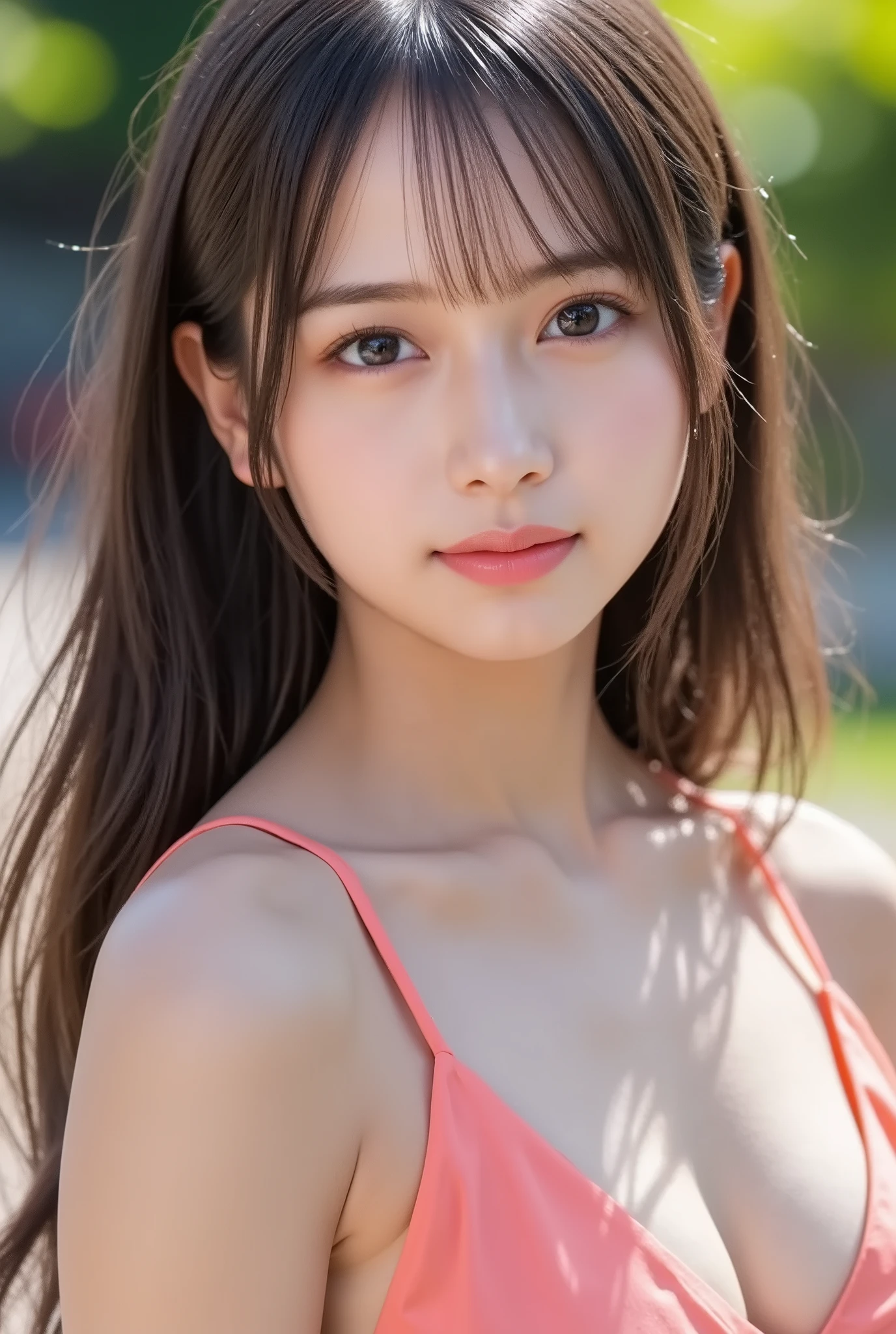 perfect golden ratio face, 1:1.618 facial proportions, mathematically perfect features, phi ratio eye spacing, golden spiral facial structure, ideal nose-to-lip ratio, perfectly balanced facial thirds, divine proportion cheekbones, fibonacci curve jawline, harmonious golden angle features, sophisticated symmetry, voluptuous japanese model, large natural breasts, coral pink swimsuit, precise beauty lighting following golden sections555