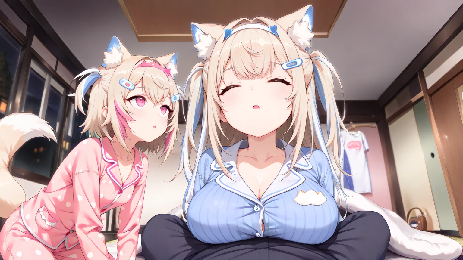 One girl、A little sexy、Blonde、Red sparkling eyes、detailed cute eyes,(glowing eyes:1.4),open mouth,pink lip,((Droopy eyes))、Mole on left cheek　Medium Curl Hair、Dog ears、Fluffy loungewear、Lying down、Golden Room、pearls choker,sensual pose,