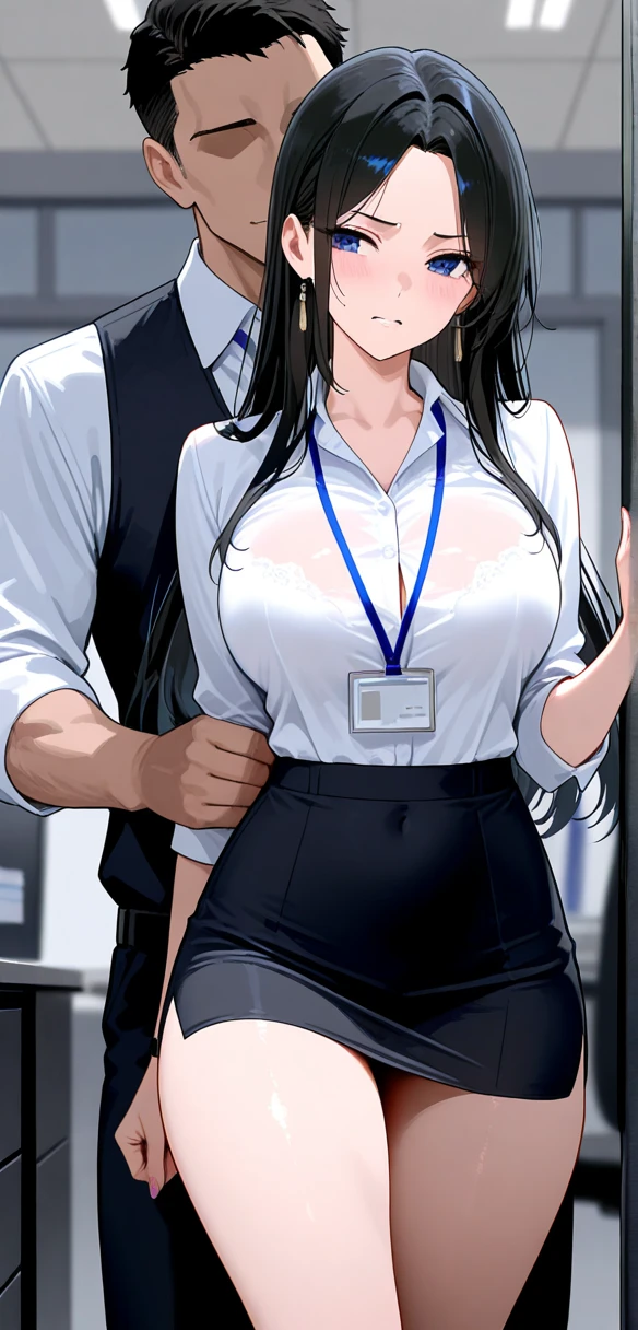 ((super high quality,))((Ultra-high resolution,))(16K,)(super masterpiece,)((Ultra HD ,))(Detailed shading,)One sexy married woman,Office Lady,One naked muscular man,((popped Tight collar White shirts,))Unbutton the third button,Black tight skirt,Glasses,blush,Ahegao,necklace,wedding ring,Sweaty,Flowing Love Juice,