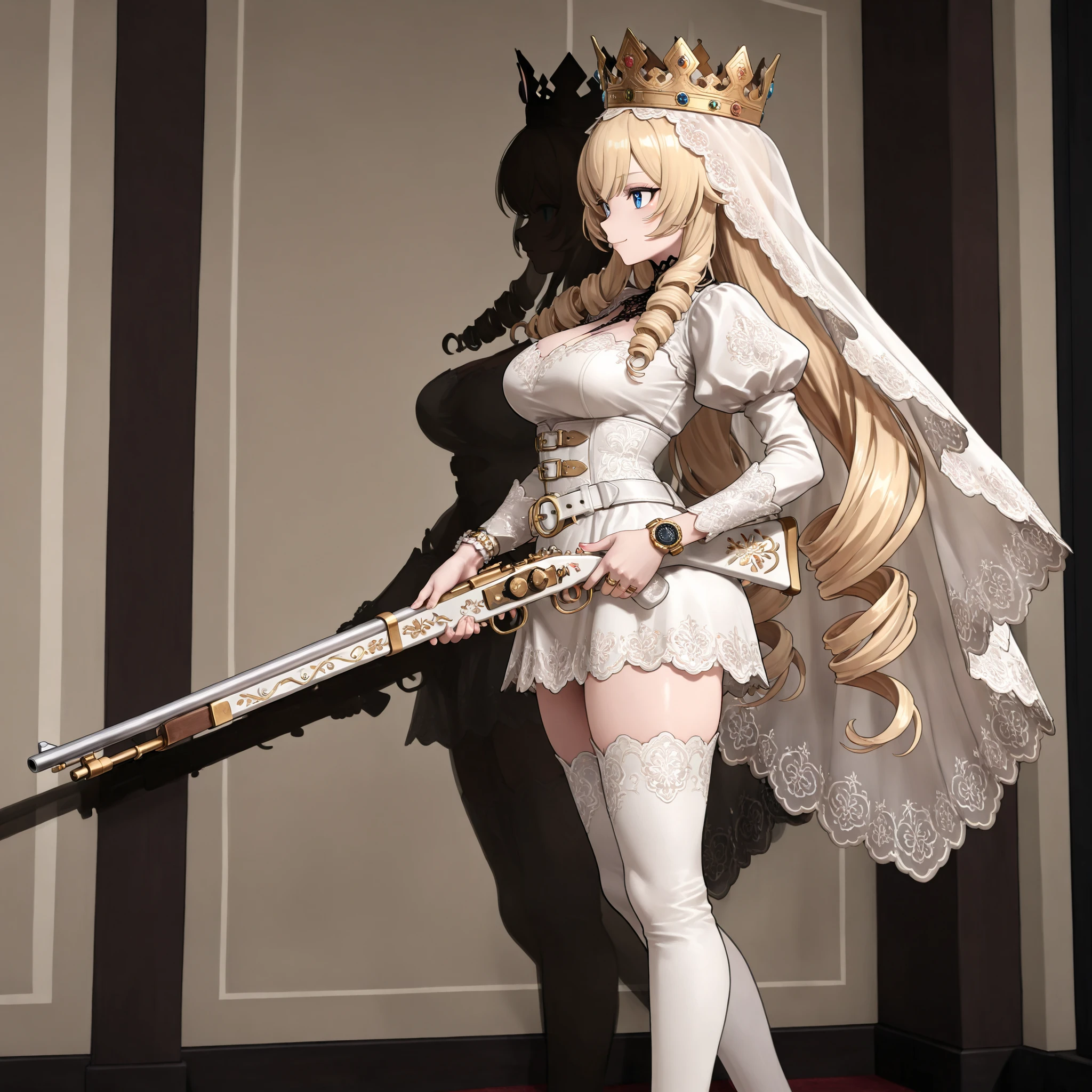 masterpiece, 最高masterpiece, Very Detailed:1.2, 8k Resolution, (High key lighting, Front Light, Subtle Shadows), Very spacious々a chapel with a drapery look , (solo), blond hair, (((Twin Drill Hair))) , royal crown, とても長いVeil, {Veil :1.3}, { アンティークアラベスクVeil }, レーストリムVeil , レッドインナーVeil , blue eyes, smooth skin, { High Neck Lace }, black neck lace , White Mini Dress, Juliet Sleeves, flower-shaped sleeves , ( has 3 gold rings on his wrist ), a white belt corset , {The center of the waist round buckle Gold Heart Engraved}, 4 cloth belts hang loosely from the buckles around the body , White musket gun , Many muskets are lined up, white stockings, WHITE LONG BOOTS, that defies the laws of physics , (watch viewers), from side, wide shot, detailed eyes, Beautiful Eyes ,kind smile
