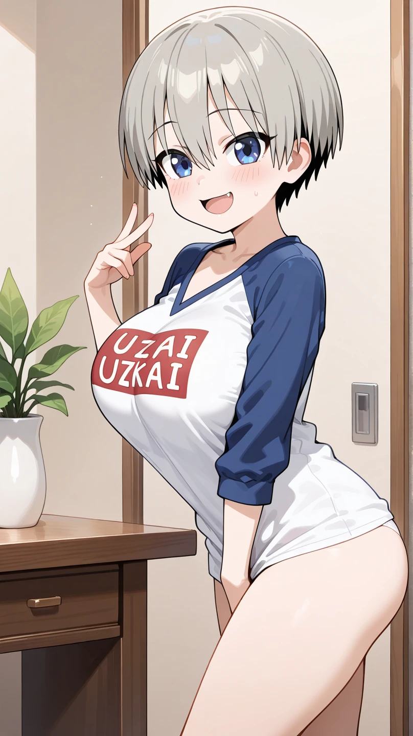 masterpiece, best quality, ultra-detailed, Potrait of beautiful , (chubby) (muscular), (plump), (sexly), (cleavage), (Breasts), (Plump), ((very short hair)), ((Uzaki Hana)), (overweight), (Gray Hair), ((Saggy breasts)), (blue eyes), (Short Hair), (blue eyes), ((thick)), (school uniform), (fullbody), (naughty smile), (Canine teeth visible)