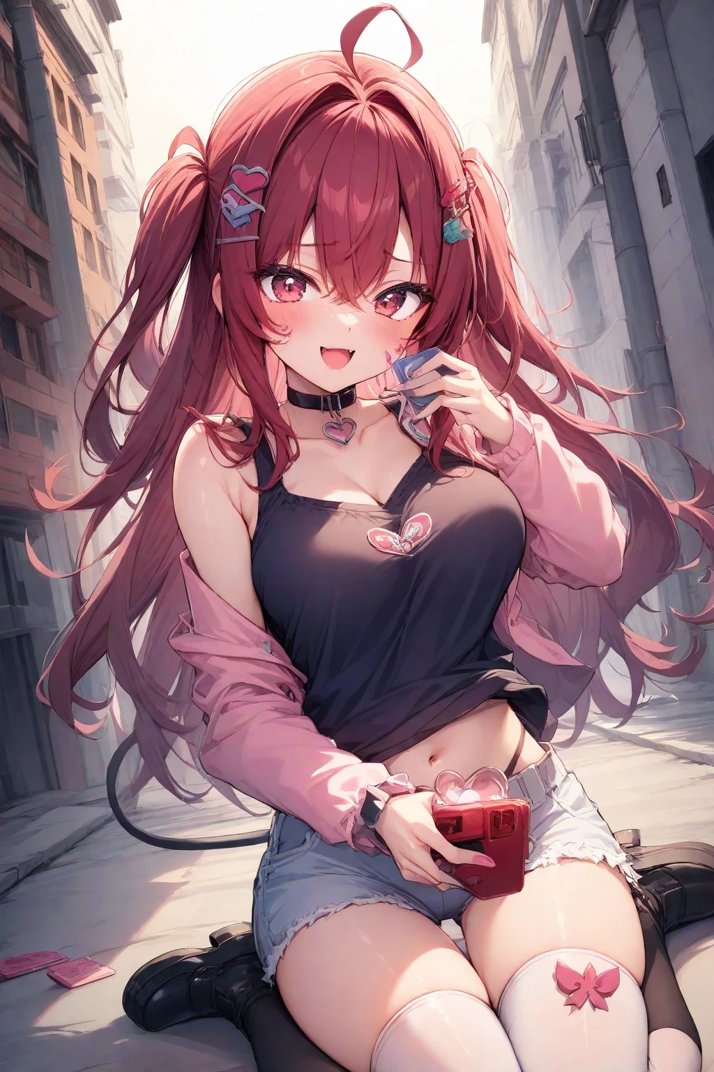 cute anime character girl, hot sister, sticking tongue out, showing peace sign, drool, messy wavy long hair, brown skin, heart-shaped pupils, choker with heart pendant, wearing loose baggy hip-hop fashion, attractive and seductive face, make-up, superlative body proportion, indoors, heart effects, 2.5D, delicate and dynamic, graphic CG digital art