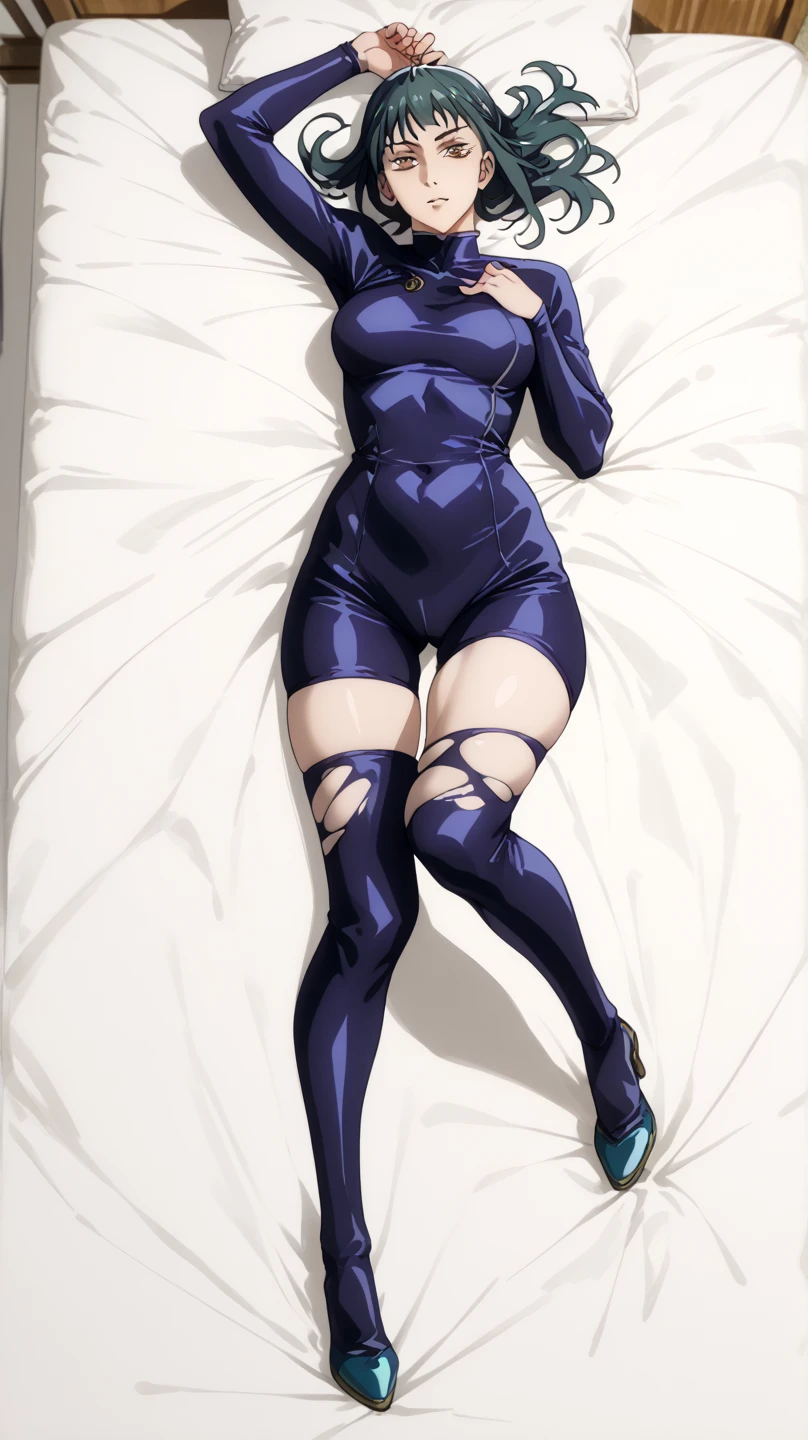 1girl, solo, small breasts, tatsumaki, black dress, long sleeves, embarrassed, ;o, one eyes closed, on bed, lying, thigh gap, knee, knee highs, torn dress, see-through, nipples