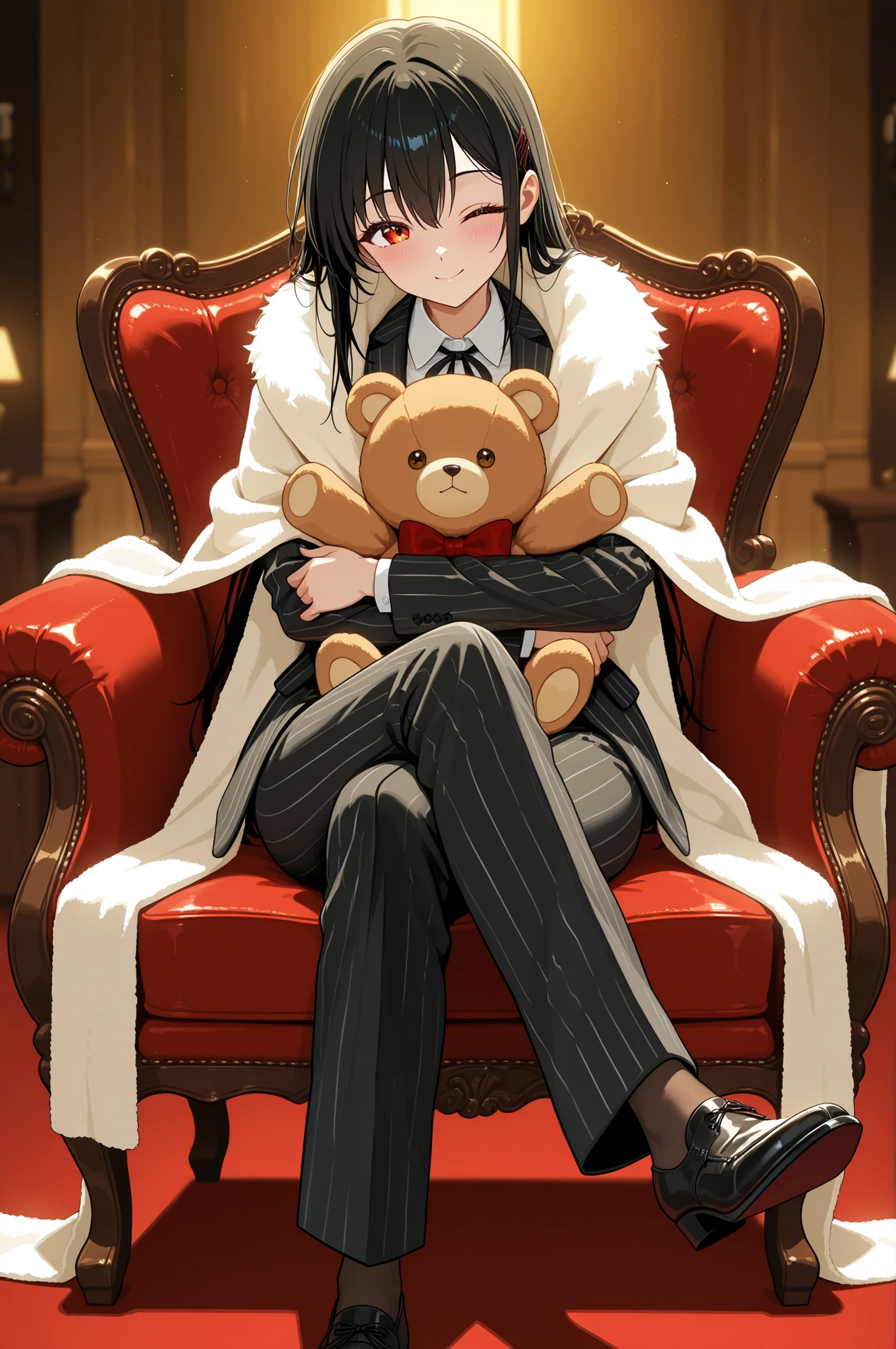 winking, wink, A young girl who is the boss of a powerful gang, wearing an oversized black pinstripe suit that looks too big for her, with a fluffy white stole around her neck. She sits confidently on a luxurious chair, hugging a teddy bear tightly in her arms. Despite her status, she has no intimidating aura—just pure cuteness and innocence. Her shoes barely touch the ground. The background is a lavish, dimly-lit office with hints of noir aesthetics. soft lighting, moe anime style, cinematic composition, contrast between power and innocence, oversized suit detail
