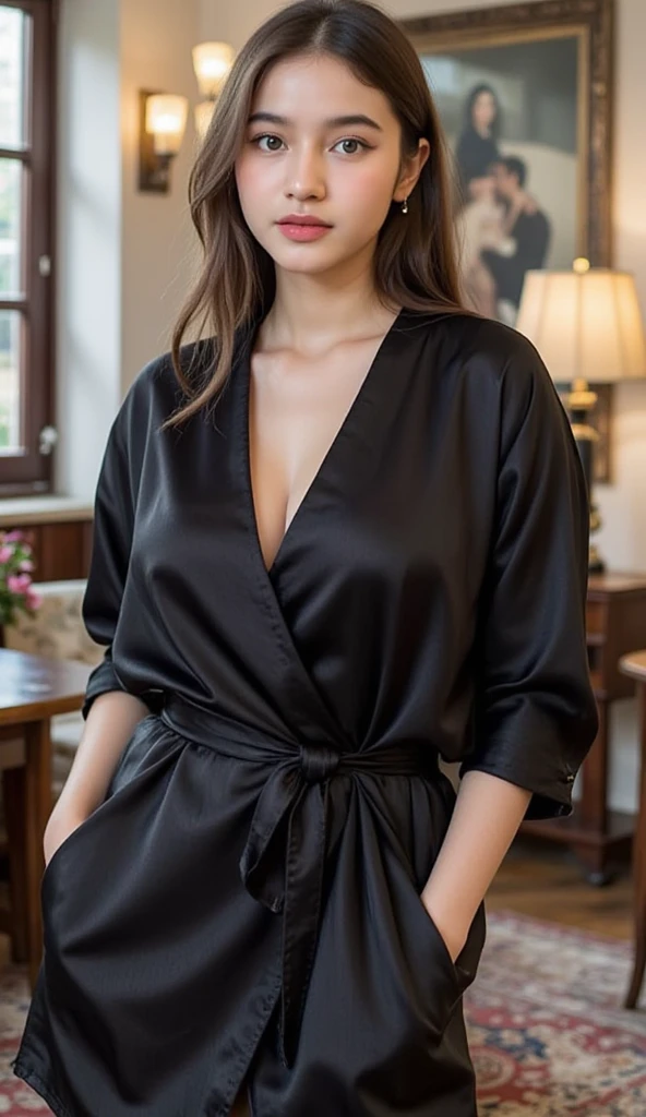 closeup of 19 year old beautiful model, wearing fancy outfit, posing in a saloon, black hairs, blue eyes, happy face, realistic photography