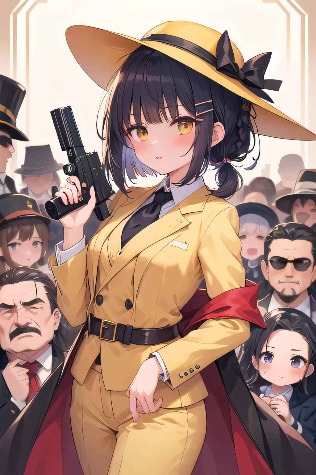 ((top quality)), ((masterpiece)), (Details), 1 girl。blunt bangs。braided ponytail。ahoge。short hair。Cute Hair Clip。(small breasts)。Mafia Boss。Yellow Suit。pistol。 long mufflers。silk hat。Follow a large group of mafia。