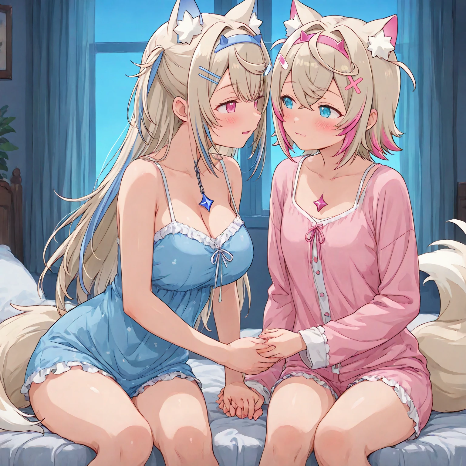 ((The best piece)),((​masterpiece)), (ultra-detailliert), (illustratio), (Detail light), (extemely cute and beautiful),(beautifully detailed eyes),cute  face,Light golden hair,short twintails,Red Eyes,Cat's ears,Lolita,loli big boobs,large full breasts,Show me your cleavage,Pretty underwear,on the bed,Wearing glasses,Snuggle up,lesbian,French Kissing,mother daughter lesbian kiss,