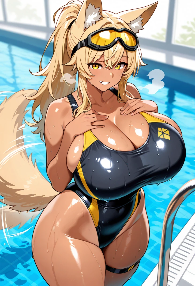 ogata_Kanna（Blue Archive）,Blonde ponytail,Grey gap,（Wolf Ears）,One eye is covered by hair,White competitive swimsuit,Large Breasts,Poolside Background,Circle of angels overhead,Jagged teeth,Embarrassed,Two girls nearby