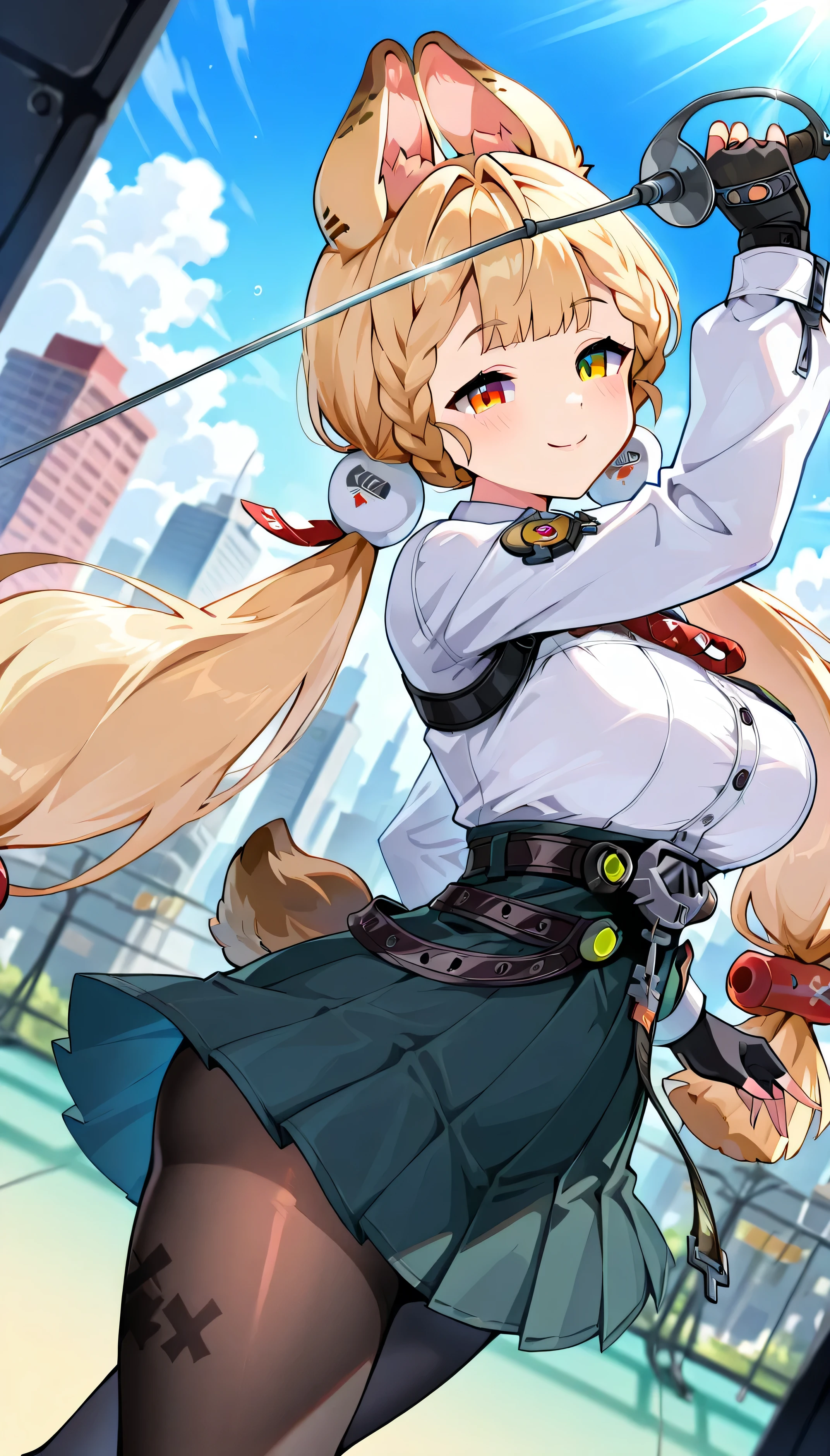 masterpiece, best quality, amazing quality, very aesthetic, high resolution, ultra-detailed, absurdres, newest, scenery,(depth of field:1.5),
(super fine illustration,professional quality,ultra high res), beautiful detailed eyes,
(high brightness),
break
alice (zenless zone zero),
red eyes, orange eyes, heterochromia, pantyhose, skirt, fingerless gloves, long hair, animal ears, blonde hair, heterochromia, gloves, breasts, white shirt, shirt,
twintails, braid, black gloves, large breasts, hair ornament, long sleeves, tail, black pantyhose, pleated skirt, bangs
((extremely detailed background)), Lots of elements in background,((super-detailed background)), star river, cityscape,((8K wallpaper)),
1girl,
Smiling face, Glossy eyes, Animated, Seductive, Erotic, Glossy skin Thighs, Sexy,
(Cute Illustration: 1.3), (High Saturation: 1.3), Cute face and eyes, Dynamic lighting,
dynamic pose, looking at viewer, (Fencing, holding fleurette:1.2),
(Dutch angle: 1.2),