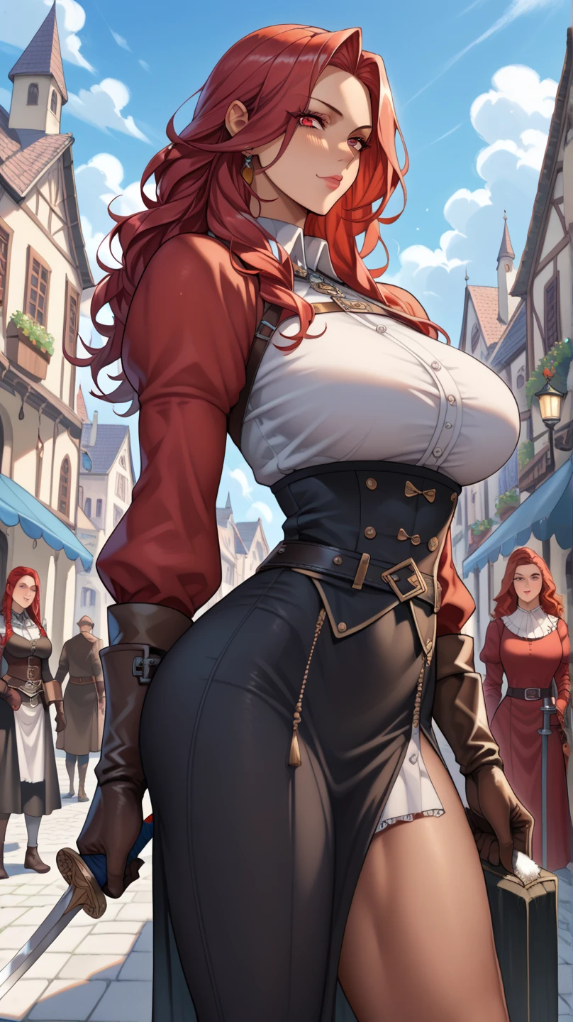 girl, female pirate, miniskirt, red hair, black hair, full body shot, clyde caldwell