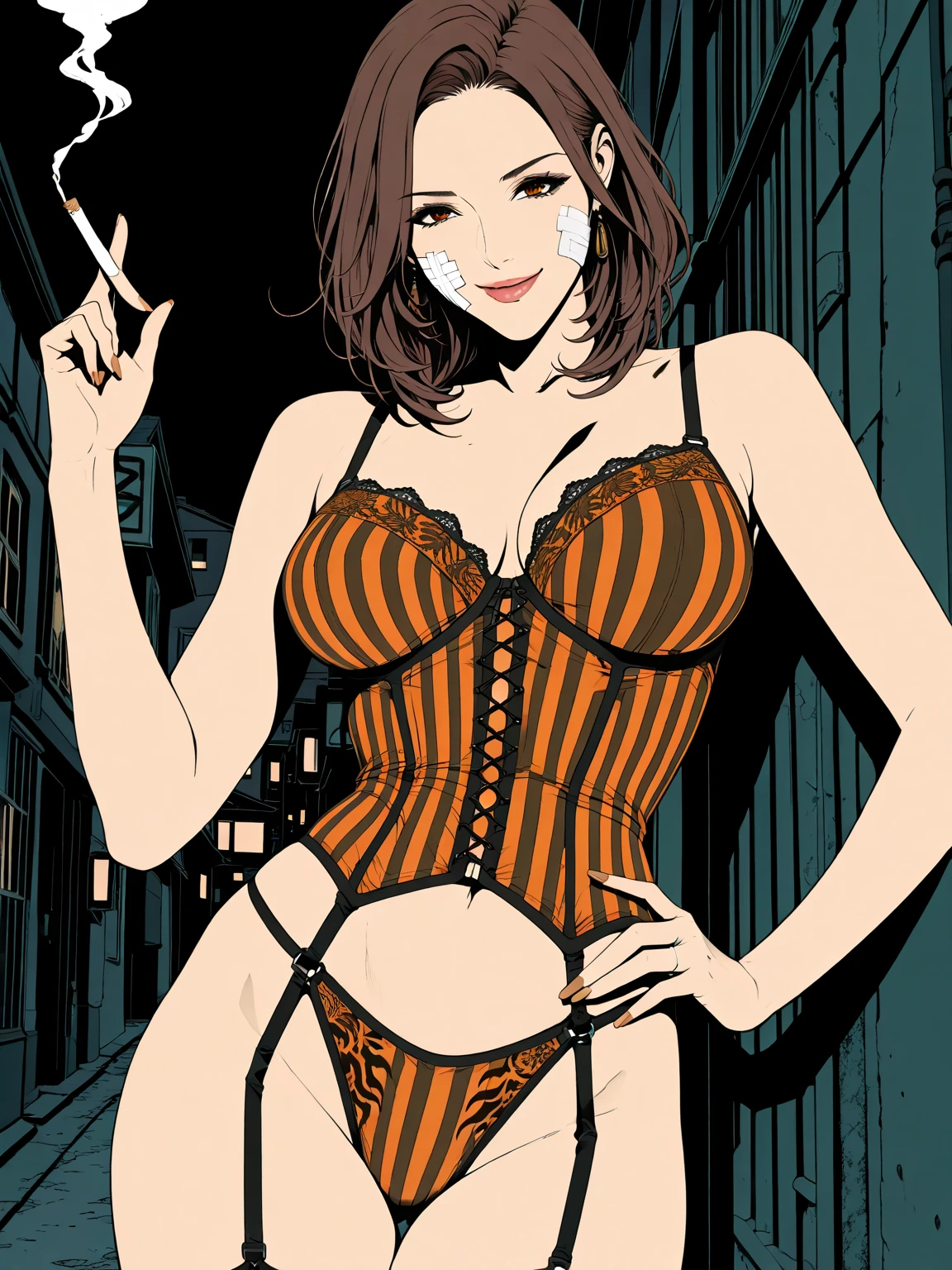 Create an image of the one piece nami character with a non-hand sign indicating a lingerie store named Isabela billard
