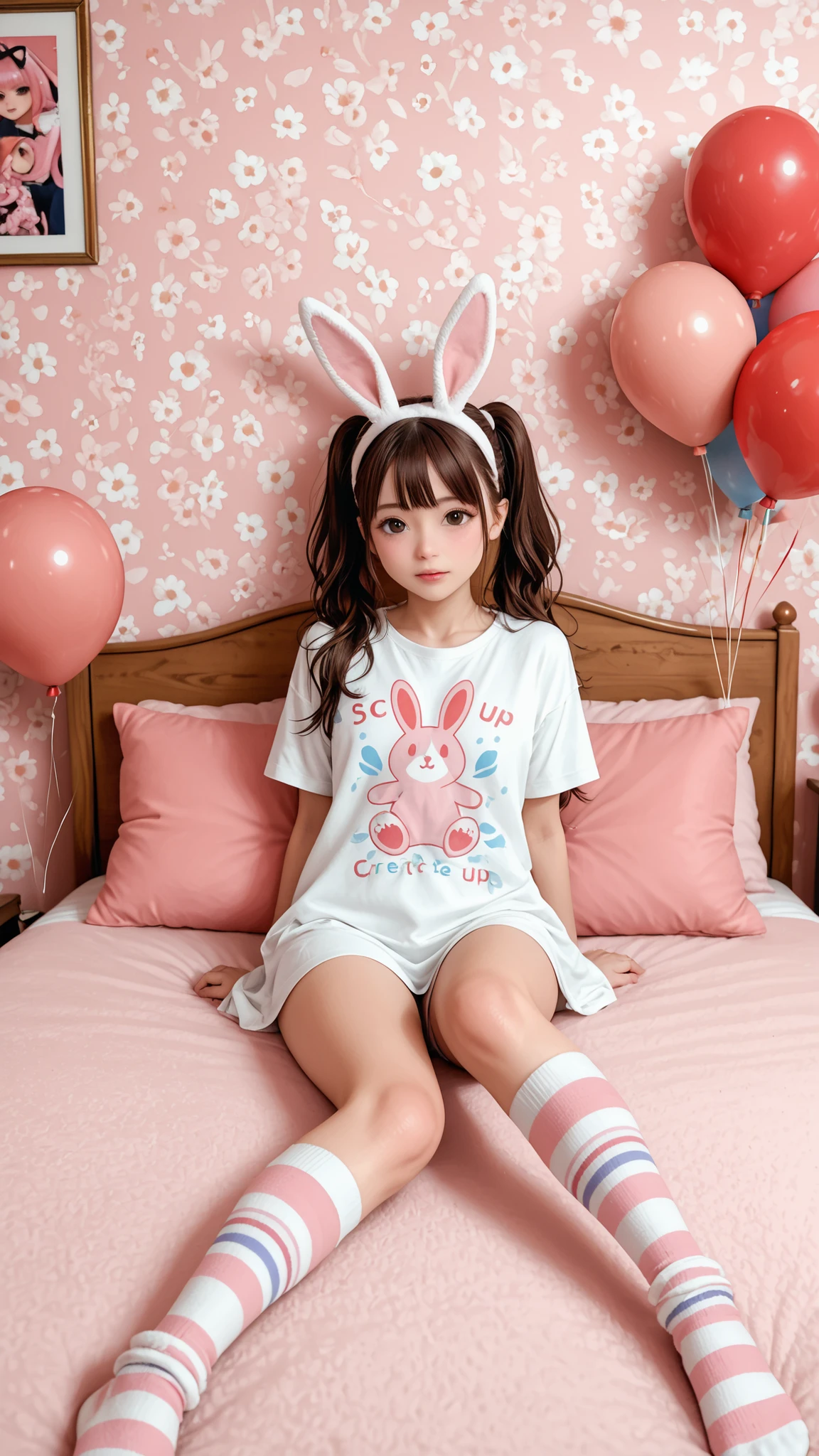 score_9, score_8_up , score_7_up , score_9,Score_9, Score_8_up , Score_7_up ,Create a two-dimensional private picture, highlight the double ponytail, rabbit ear headband, striped socks, anime pillow, and use the pink room (floral wall, balloons) to create a soft and cute private atmosphere