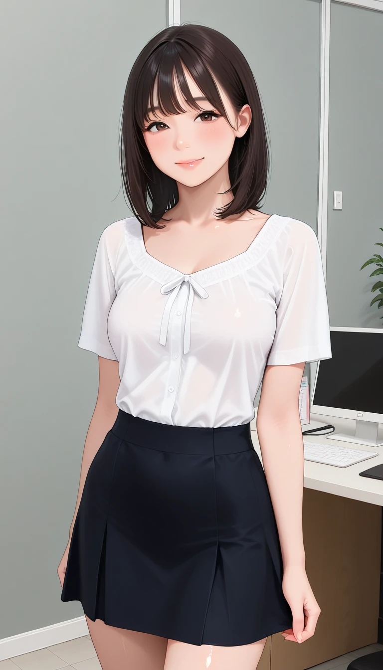 Highest quality、masterpiece、8k、Very detailed、Realistic、One girl、Looking at me with a smile、Black Hair、Short Hair、Small face、Slender、Big Breasts、Thin and beautiful legs、narrow and constricted waist,、((Open center tight shirt:1.5))、Tight Skirt、Dressed like a female teacher、(Erect nipples:1.2)、(50 years old:1.2)、(Wrinkles around the eyes:1.2)、(wrinkles around the mouth:1.2)