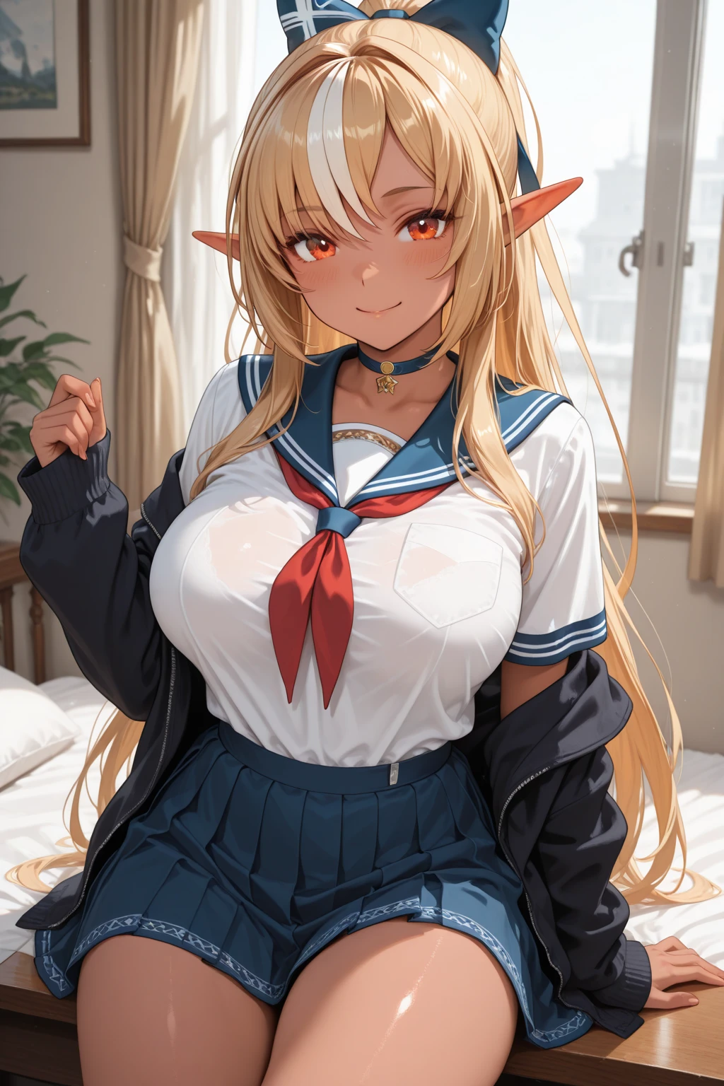 High resolution, Very detailed, perfect lighting, beautiful detailed eyes, ((masterpiece,Best Quality)), absurdities, alone, princess zelda, by the width, crown braid, Hair clip, pointy ears, Gloves without fingers, black gloves, smile, curves, nod, , deep neckline, deep neckline, pink thong, touching her breasts in a sexy way, close up, pigtails with bangs, pigtails with bangs, touching her breasts in a sexy way, teal eyes, close up, pigtails with bangs, pink boina, fitted sailor suit, fitted sailor suit, short white skirt, pink beret, on his knees, bare breasts, visible nipples, white stockings