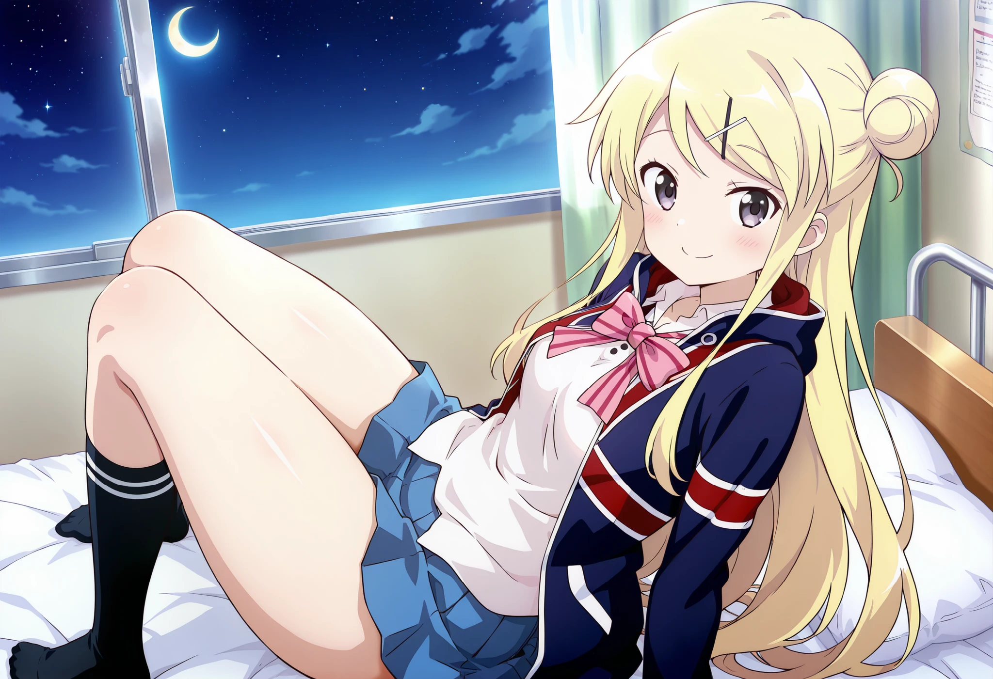 1girl , unwellness(autonomic nervous system disorder and depression) smile thick thighs Kujou Karen very long hair , blonde hair , single hair bun , hairclip , x hair ornament , sidelocks , side swept bangs , black eyes , white shirt , collared shirt , union jacket , pink bowtie , neck ribbon , pink ribbon , long sleeves , small breasts , miniskirt , blue skirt , black socks ,smile,thick thighs,crescent moon, stars (sky),looking at viewer,Infirmary,bed on a futon