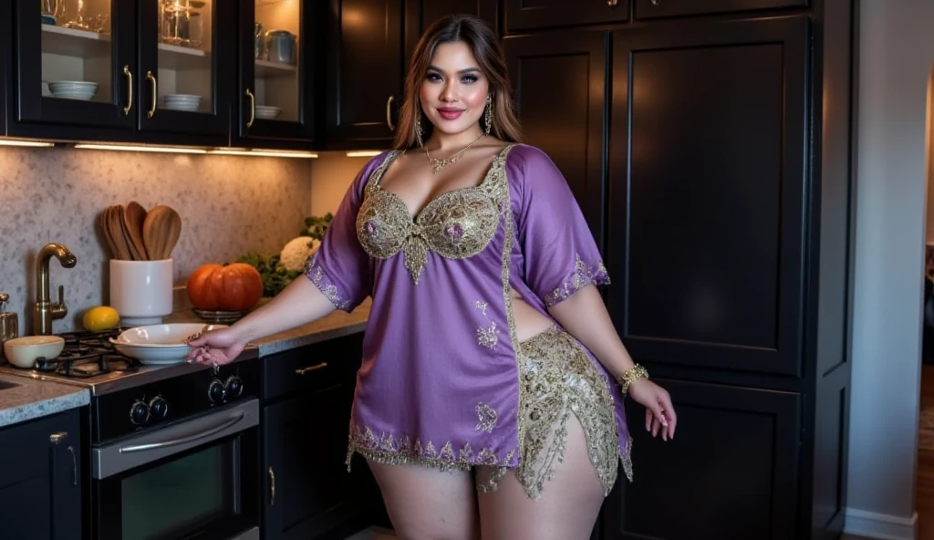 35mm lens, full length portrait, 34 year old pakistani woman, hard light, bedroom, ((slob)) wearing plum blue satin attire, (tight satin) curvy figure, detailed face, 8k, detailed features, dark brown short hair, brown highlight hair, casual posing, human skin (visible facial pores:1.3), human skin has [visible|[(wrinkles:0.625)|small pores]] (transparent sleeves) skin texture, detailed skin (lipstick) (half sleeves attire) (hot mom) wide hips, thick thighs, busty, thick thighs, wide waist, sexy, hot woman, (transparent clothes) sexy satin, dslr, 8k,(smiling) gestures, saturation -2 ((fluffy turned)) from behind
