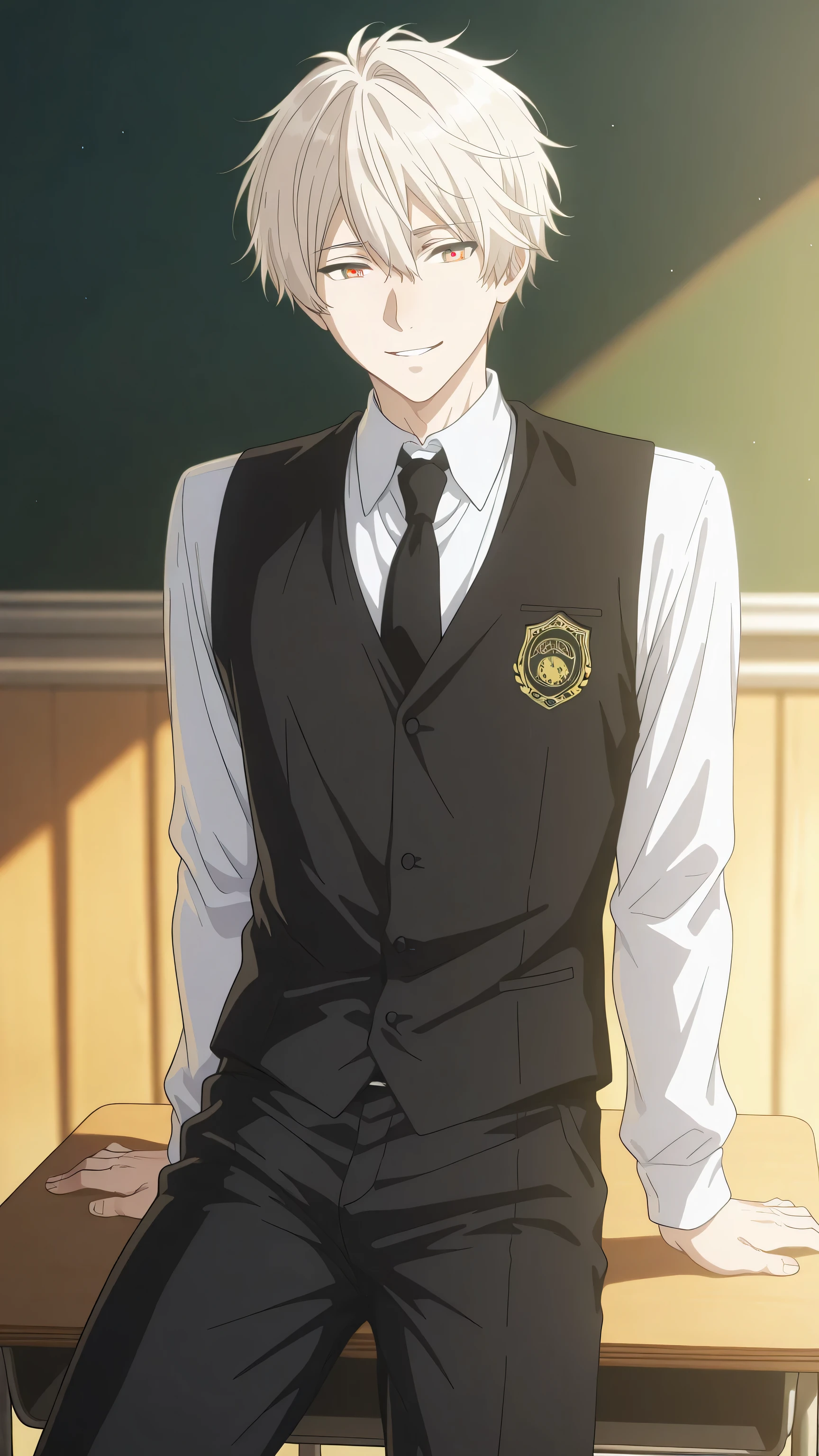 1boy, high school student, platinum-blond hair, sea-grey eyes, handsome face, soft Asian feature, always smiling softly, wears white undershirt, black tie with yellow accent, black vest, black school pants, wears the uniform perfectly with one accessory that never matches white and smooth skin, he sat on a desk, warm-toned complexion with a soft glow, classroom background.