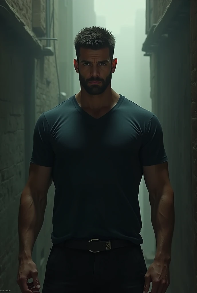 mid_shot, attractive bearded man, defined muscles, alley, orange black blue, (sad), (atmosphere), coherent, continuity, epic, sharp lines, short hair,high contrast, hairy chest, sexy, brasilian, defined bulge, dramatic light