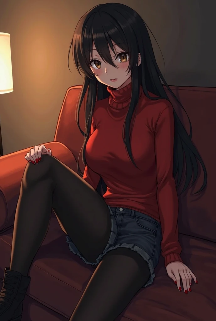 anime, smooth anime CG art, masterpiece, high quality, best quality, 1girl, disheveled hair, focus on face, simple background, long hair, socks, black hair, hair between eyes, calm, oversized hoodie, long bangs, tied hair, braided hair, dominant eyes, ribbons in hair, crimson red eyes, large breasts, breasts, perfect face, perfect legs, no pants, full lips, add_detail:-3