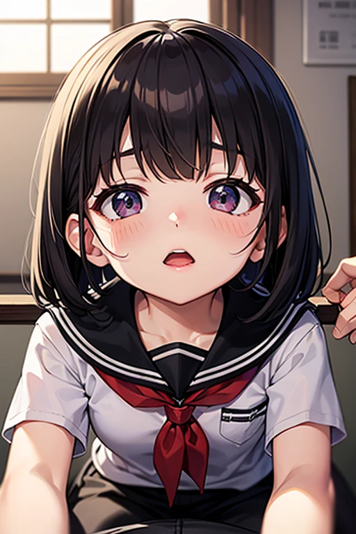 Highest quality,Ultra-wide angle composition、Elementary school girl　Sweaty face　cute　short hair　boyish　My hair is wet with sweat　Pink sigh　I took off my pants　Character Panties Cunnilingus　condom　I like face sitting