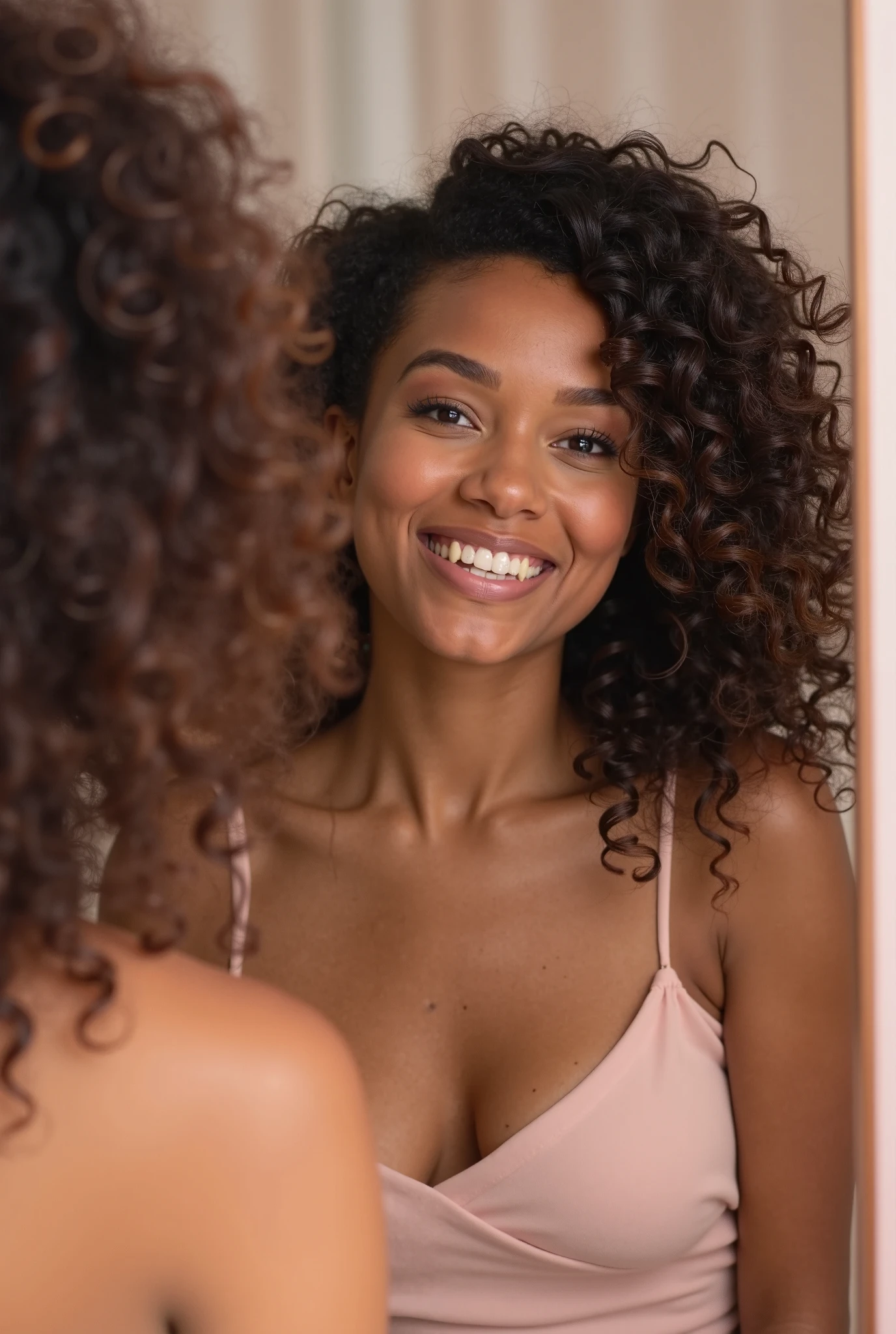 there is a black woman , the woman has curly black , she has brown skin, with dark brownish skin, with long curly, long black curly hydrated bouncy loose curls hair she is taking a selfie in a mirror ((she is slim thick))  ((full body shot))