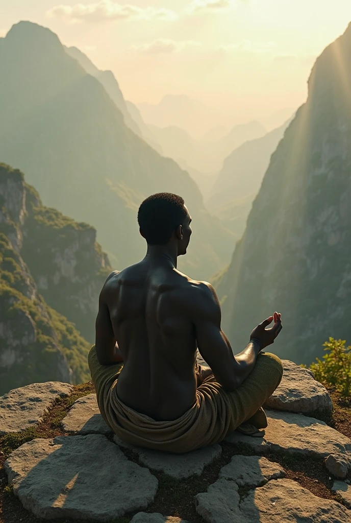 Man of Steel, looking at the sky with closed eyes, kneeling on stones in a garden with his hands clasped to his chest