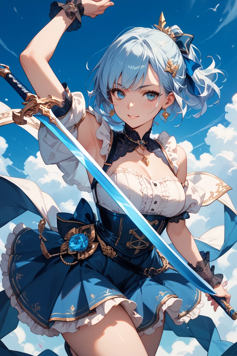 Anime Moe Art Style,highest quality,High resolution,Anatomically correct,One Girl,Mid-teens,A girl with light blue hair in a ponytail,Super detailed,Fantasy World,Sleeveless blouse,flare skirt,Big Breasts,A rich expression,Caution expression,Be wary of your surroundings,Holding a dagger,Eyes drawn in detail,hair ornaments,necklace,bracelet,ring,8K