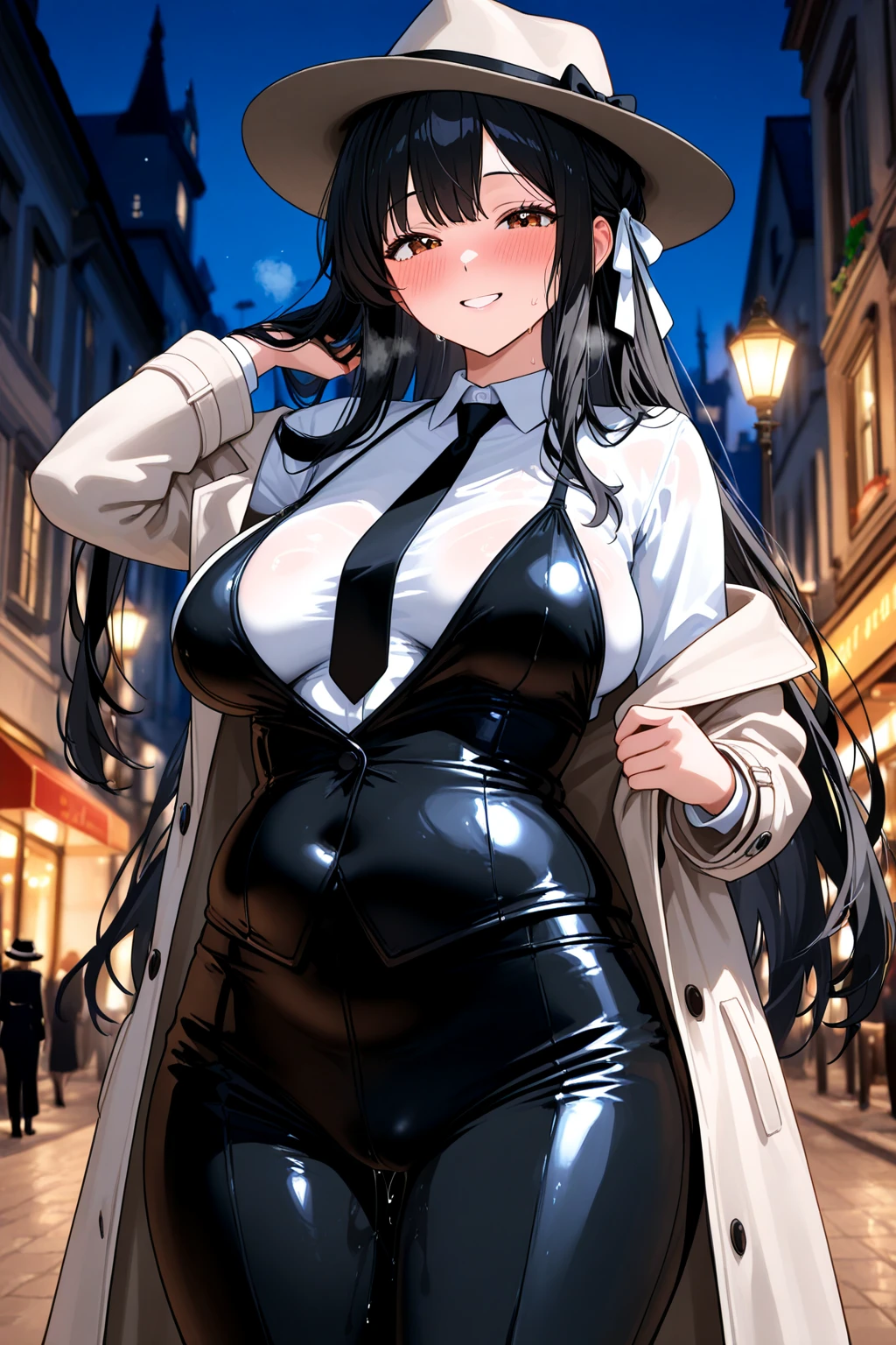 masterpiece,Big Breasts,beauty,Scream Mask,Black Hair,Side Ponytail,Survival knife,Standing under a streetlight,night,Black long coat