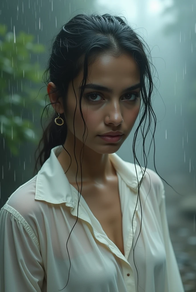 Photorealism, close up, wide angle, seen from below, a cute beautiful indian girl wears a long-sleeved transparent white shirt that is wet and hanging down exposing big , bot cleavage her (bare shoulders:1.2), she has a slim body with firm, plump breasts, fair and smooth skin, grayish blue eyes , has brunette hair, she is sitting cross-legged in a wet street during heavy rain, she looks freezing and her (body and hair are badly wet), in a foggy atmosphere, photon mapping, dramatic lighting, vivid color tones, aesthetic