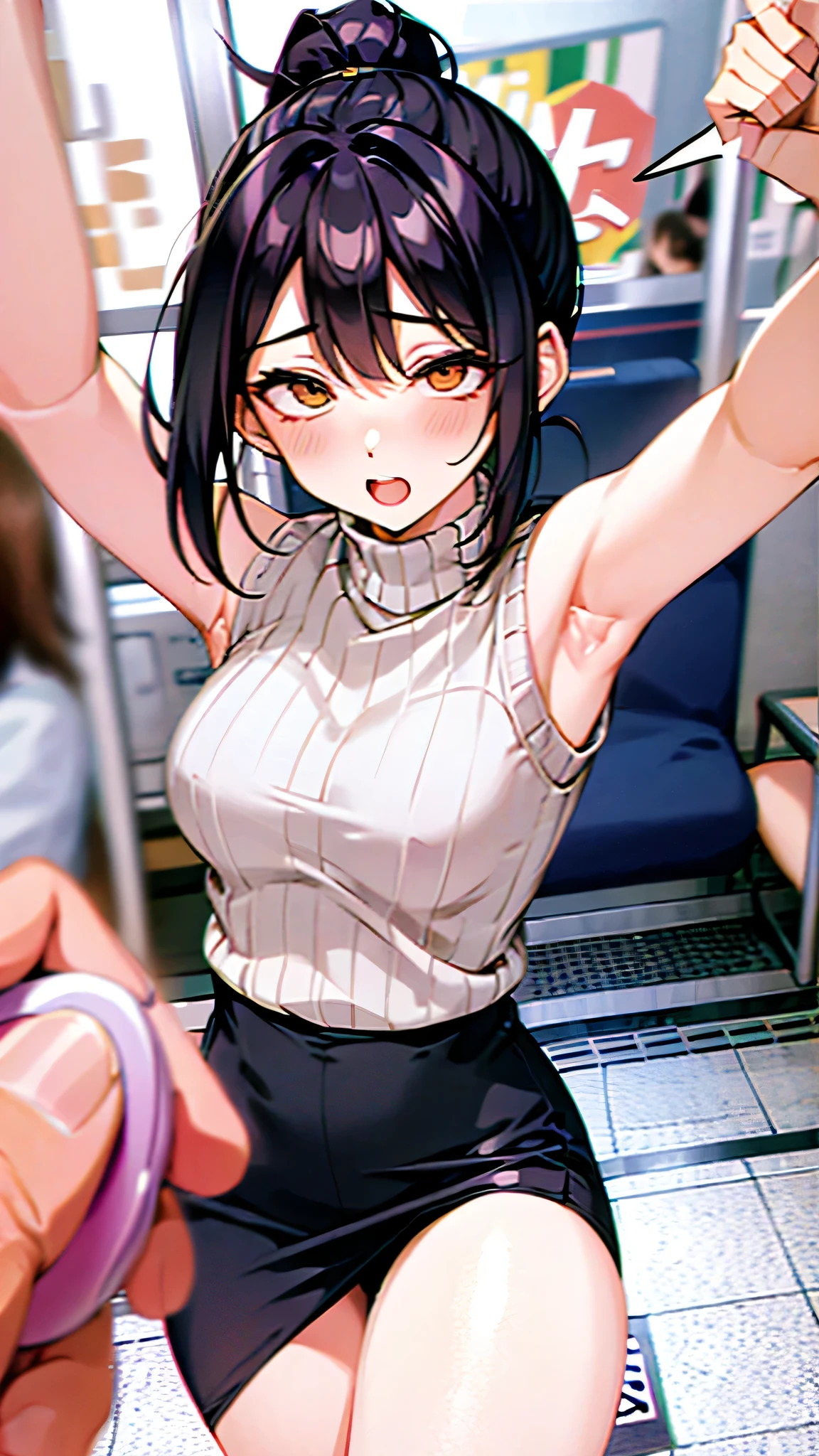 On a train, a girl with a checkered skirt, bare chest, erect nipples, and small breasts is pressing her breasts against a molester&#39;s face and crying in disgust.