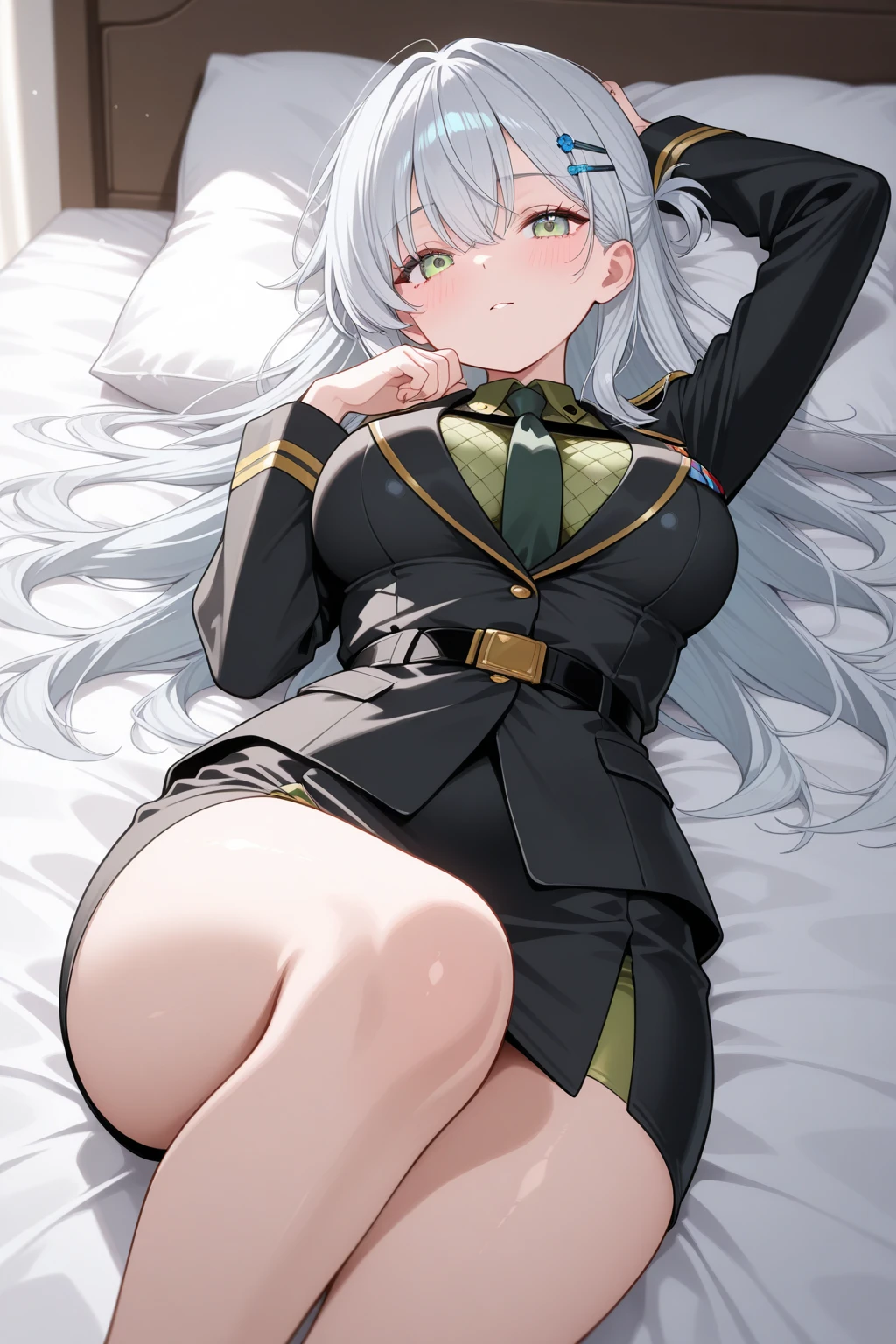 1shenhe, silver eyes, black shirt, silver hair, red necktie, lying, on back, bed, arms up, military uniform, small breasts, pencil skirt, masterpiece, highres, best quality