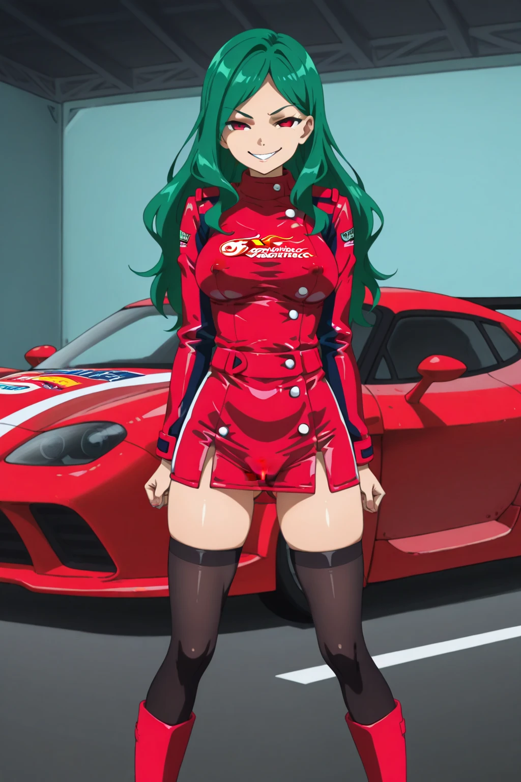 masterpiece, best quality, a very beautiful sexy mature naked woman dressed in red and black racing rider suit standing next to the racing bike at the racing circuit, 1girl, breasts, nipples, cleavage, solo, boots, motor bike, zipper, smile, open clothes, hand on hip, leather body suit, zipper pulldown, breasts out, collarbone, circuit background, ,Mizuho Yamashina, sexy female teacher, long hair, asymmetrical bangs, green hair, medium breast, nice ass, green eyes, slender face, beautiful tits, beautiful ass, slender body, long legs,
