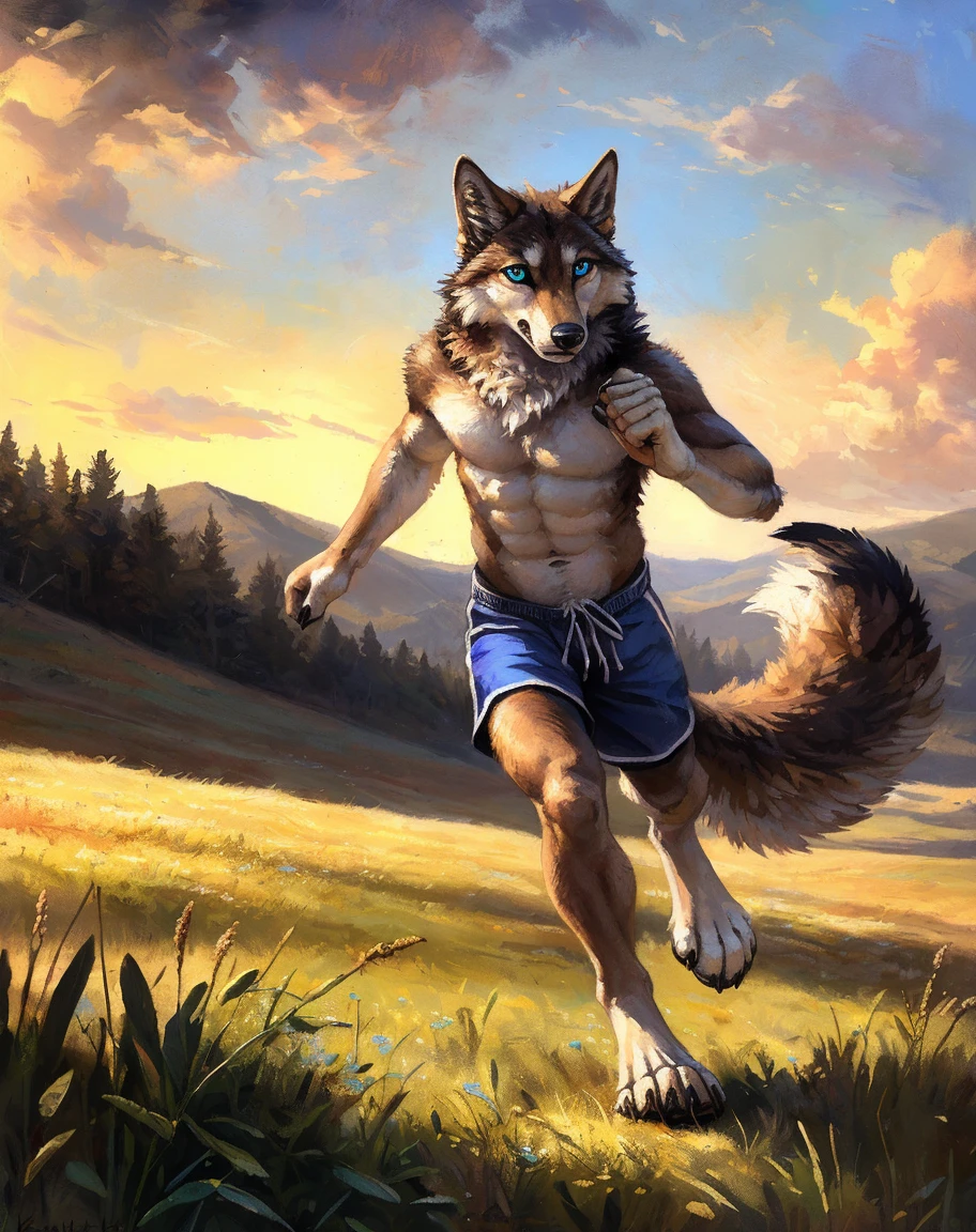 ((Solo)), male people, anthro wolf, (Multi-colored fur, White-brown:1.3，White tail pointed), (Height 2.1m,Tail length 1.2m), ((Wolf face, Big eyes, White eyelids, Blue pupil, Slim:1.2) (Tough, Calm expression:1.2)), Abs, Slim, pinging)), (Correct anatomy), (Work shorts:1.1), The upper body  naked, (detailed outfits),A long big tail，Feet，(Realistic fur, Detailed fur texture, labeled:1.3)), (Natural lighting), Photorealistic, Hyperrealistic, ultradetailed, by Kenket，Field，erect through，Running on