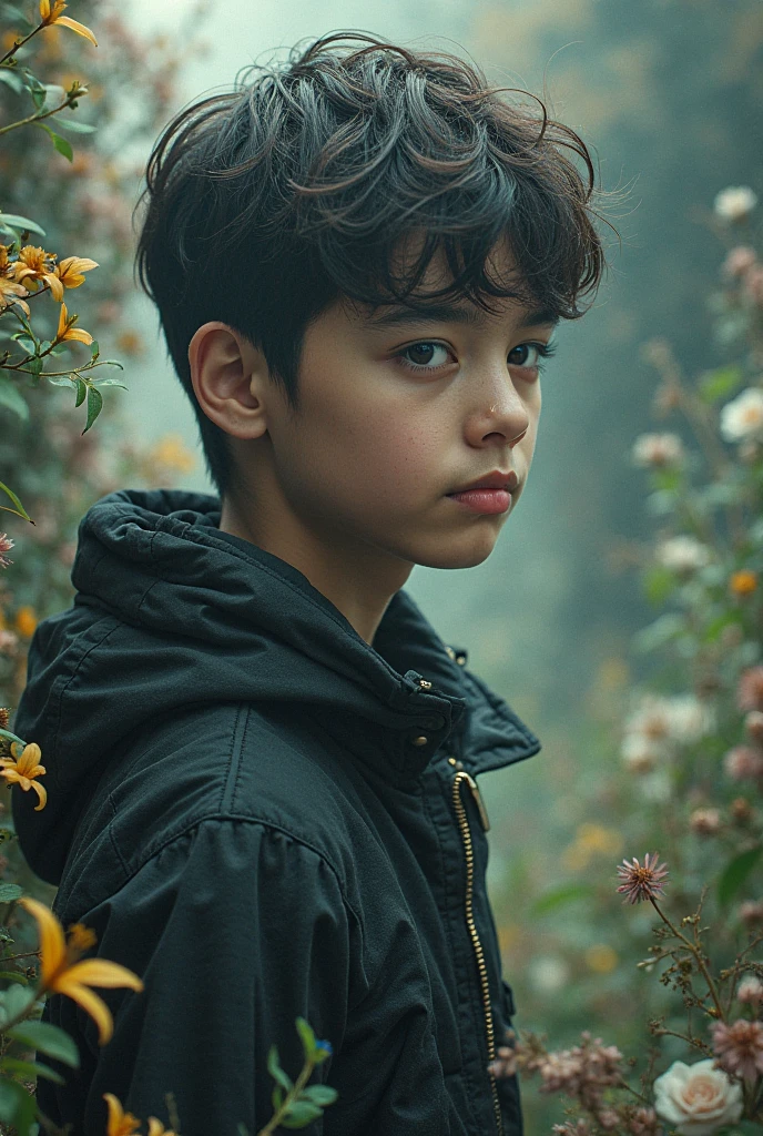 cover of a fantasy book:
In the center a 1 teenager. eyes the color of honey. blue t-shirt. black hair. Realistic movie style.