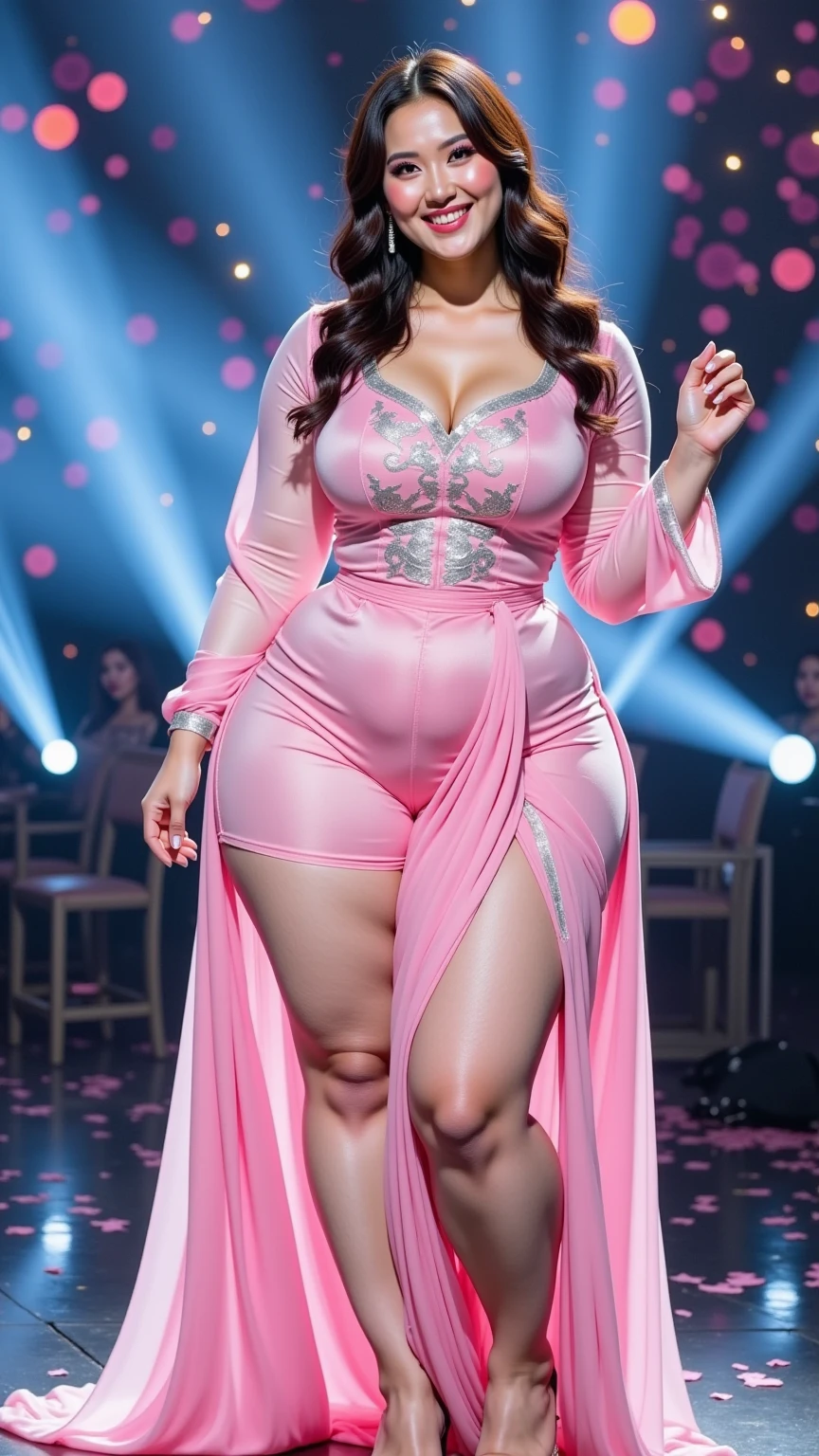 Masterpiece, Best Quality, Ultra HD, Highest Resolution, 32K Quality, Dynamic, (Obese: 1.2), (Super Curvy: 1.5), Korean Female, (Long Red Hair Slicked Back), Smiling, Purple One-Piece Dress, (Strapless), (Bustier Type), Teardrop Earrings and Necklace, Holding a Baton as Long as Her Height, Holding an Amulet, Purple High Heels, Full Body Shot, (Fire Background),