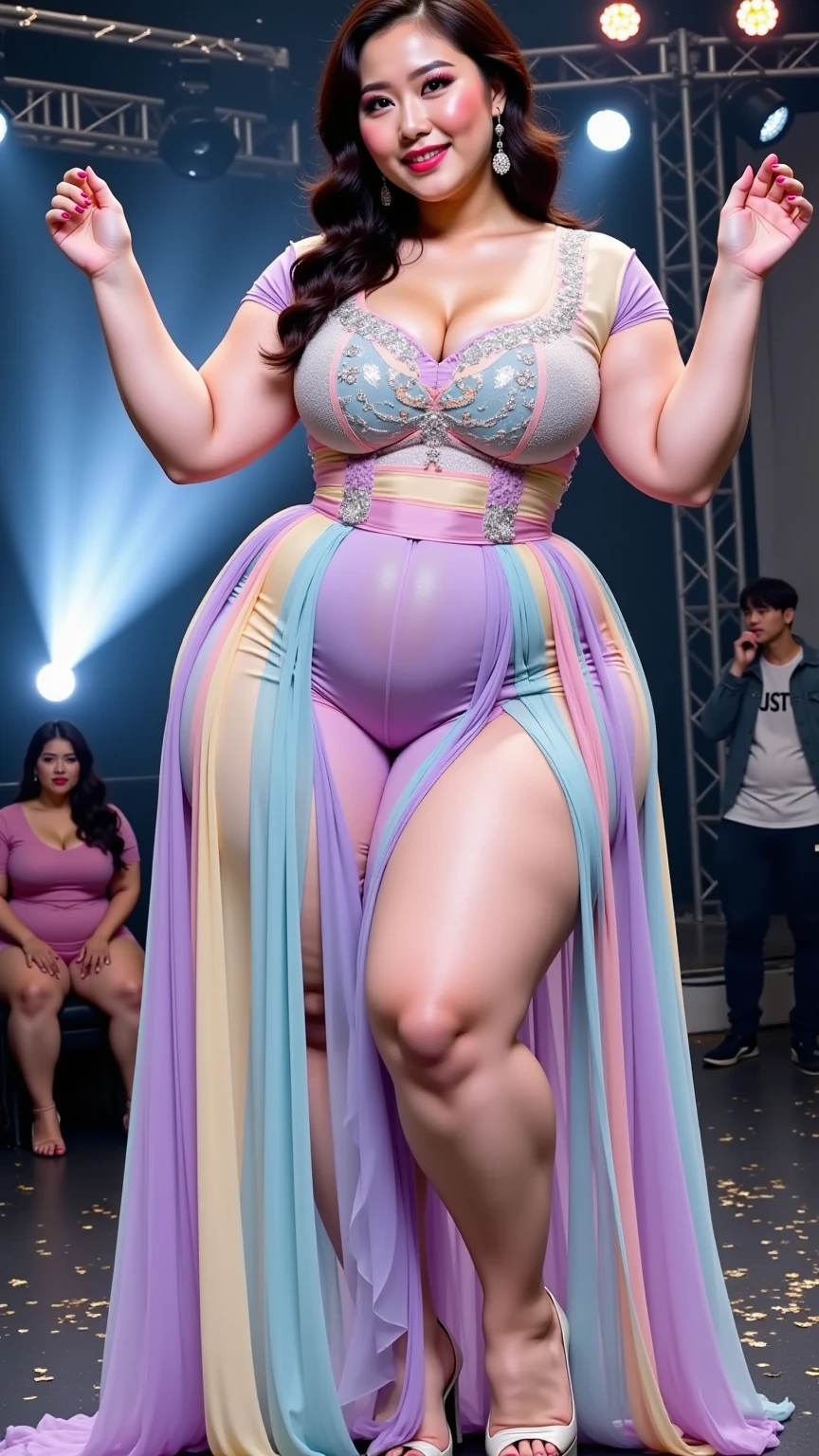 Very large bust, chubby girl, rainbow glitter summer dress on a catwalk, very detailed very beautiful 