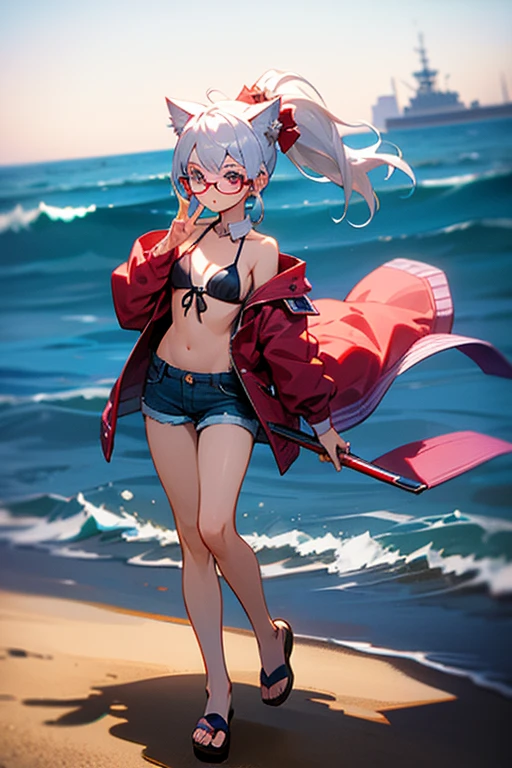 High resolution, high resolution,2D Anime Style,,Cool woman,Gal,tall,20th Generation,White hair long hair,Curly hair twin tails,Light blue eyes,Gal,Beautiful watch,Beautiful earrings,Lots of beautiful necklaces,Red Bikini,Opened hoodie,He is smiling,Has fangs,whole body,Walking on the beach,