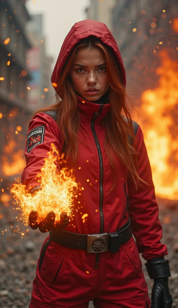 Young woman sorrounded in flames, Fighting Pose, Fist in Fire, Wearing Red Jacket, Long Curlyand Reddish Hair, 