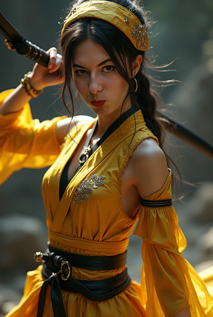 Sweet ninja girl  golden ninja costume with black bow and arrows 