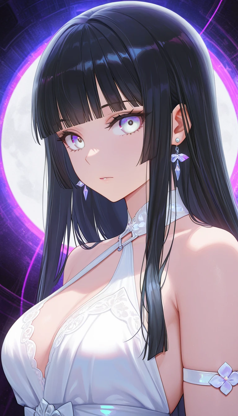 cute ghost with long stripped black hair with big chest cleavage in pale white skin with purple eyes in white kimono