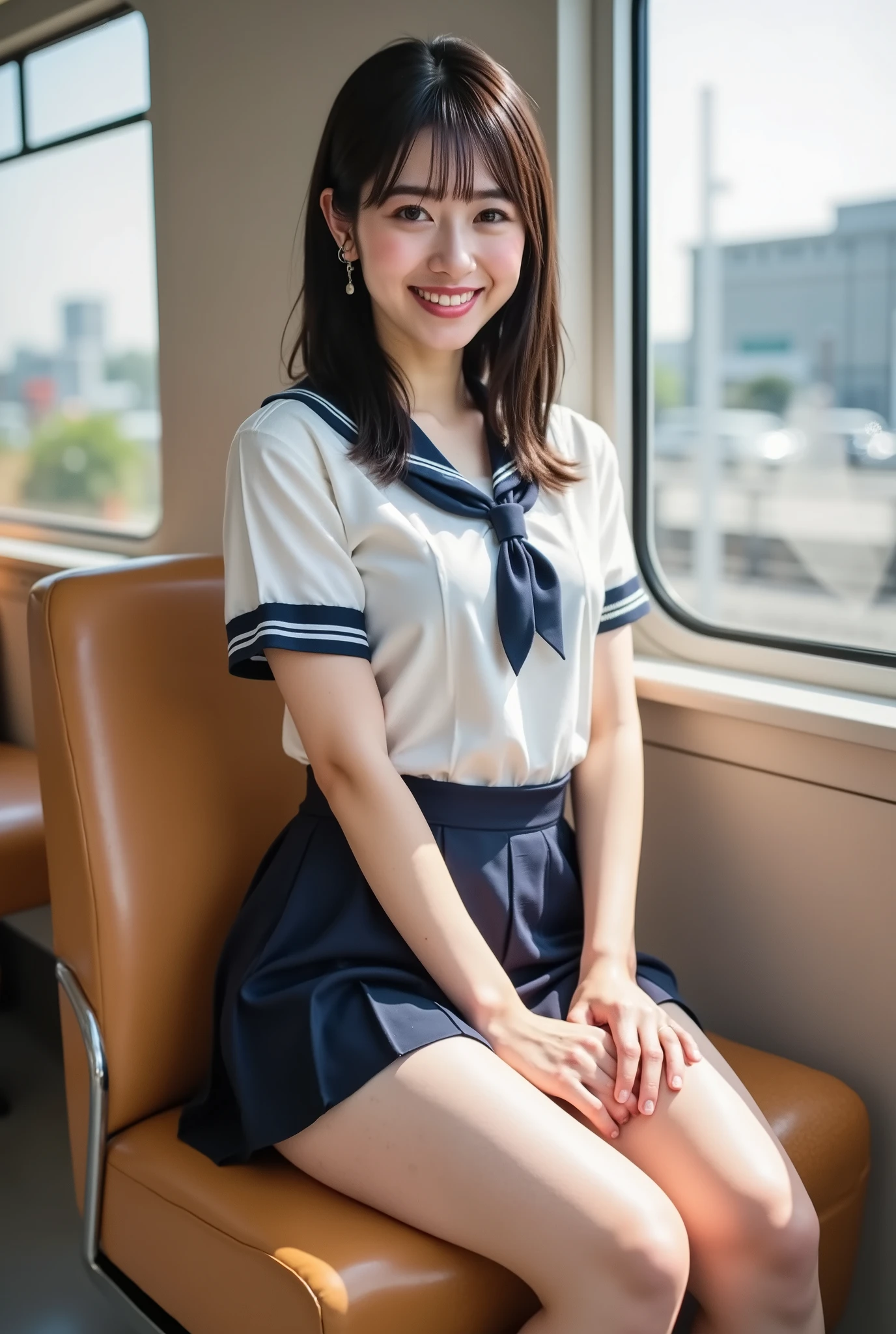 masterpiece, High resolution, Ultra High resolution, 4K, perfect hands,Black Hair, Japanese Girls, big breast, Navy blue Uniform skirt, White shirt, bow tie, Accentuate your thighs, White thighs, Soft thighs, Shiny thighs, Sitting on a train, Facing angle, Angle from below, Sitting on a train Seat, Sit in front, Zoom camera to hip joint, Put your feet on the train floor, whole body, Looking down and sleepy, Watch only viewers, Highest quality, Ultra High resolution, Realistic, High resolution, detailed, RAW Photos, sharp, Nikon Film Pictures, Images and Stock Photos, Rich lens color, Ultra-realistic and realistic texture, Dramatic lighting, Unreal Engine,